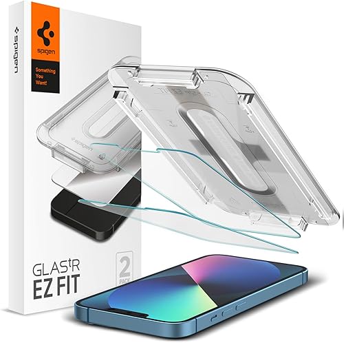 Spigen Protector de pantalla de vidrio templado [GlasTR EZ FIT] diseñado para iPhone 13 Mini [compatible con fundas], paquete de 2