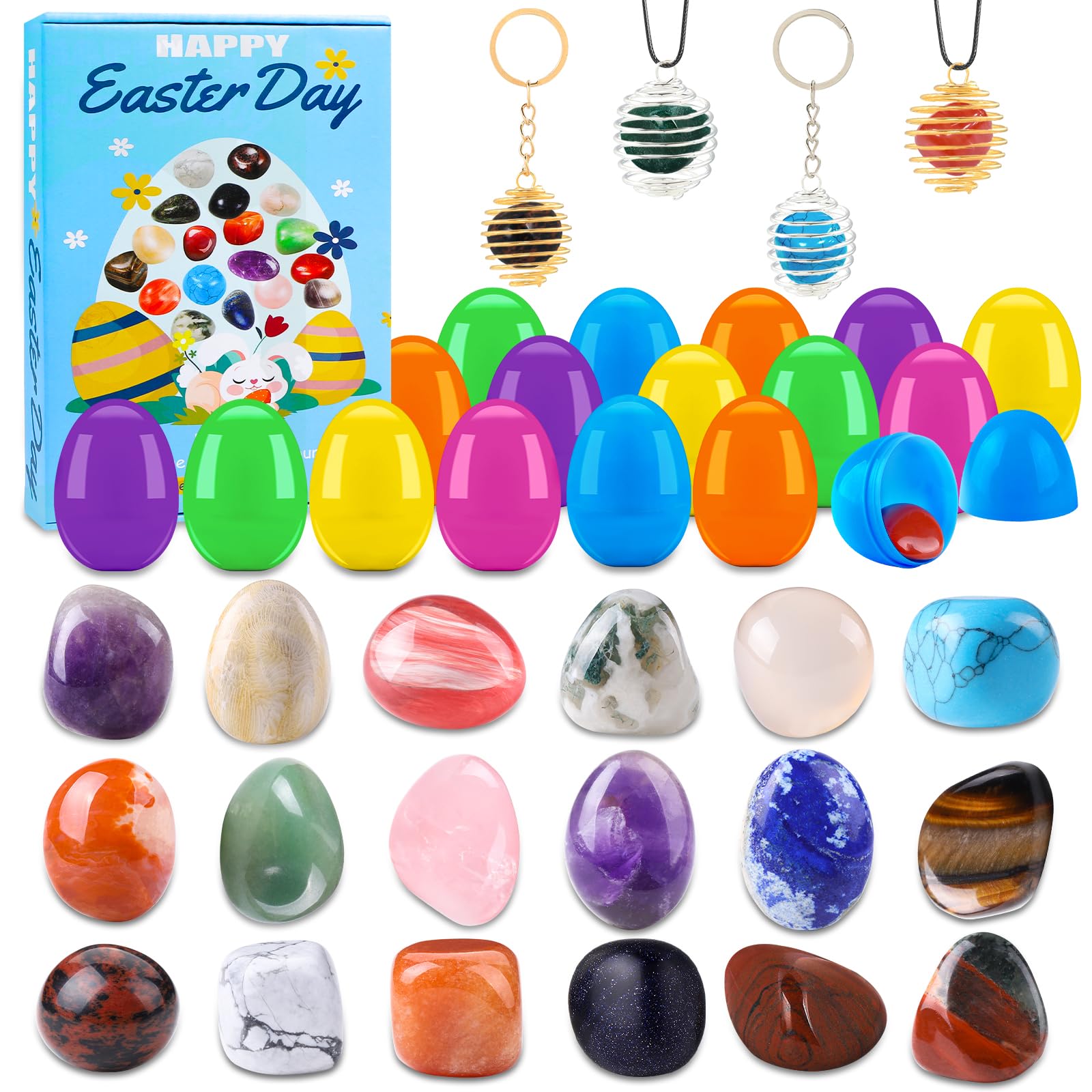 Vellibring Easter Basket Stuffers,18pcs Gemstones Prefilled Easter Eggs Natural Mineral Rocks Crystals with Necklace Rope Keychain Easter Party Favors