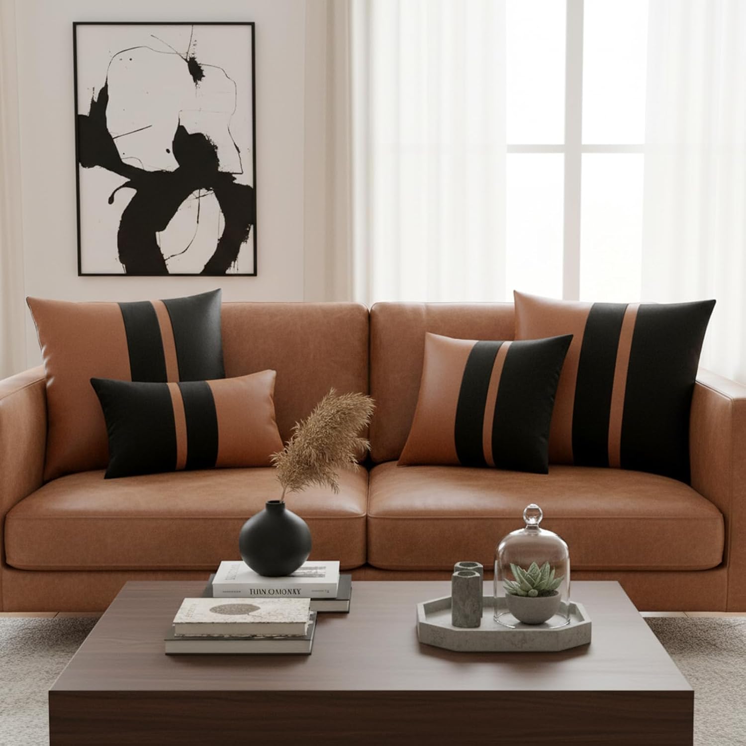 Set of 2 Black and Brown Decorative Throw Pillow Covers 22x22 Inch Faux Leather and Velvet Patchwork Pillow Cover,Modern Farmhouse Accent Pillow Case for Living Room Couch Bed Boho Home Decor