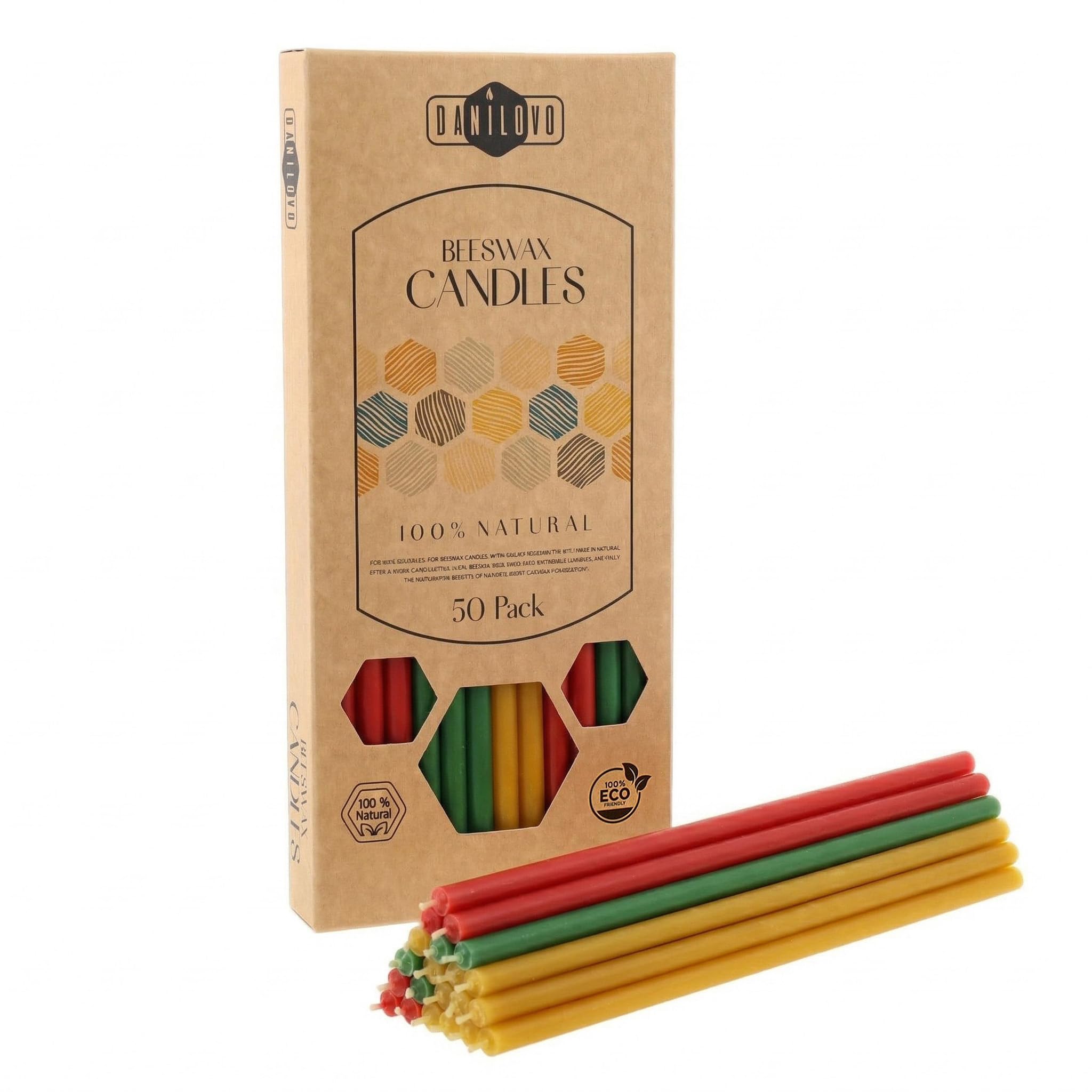 Danilovo Beeswax Candles 50 pcs (Multicolor) - Orthodox Prayer Candles, Ritual Use, Table Decor - Clean Burning, Dripless, Cotton Wick (Height 18.5 cm)