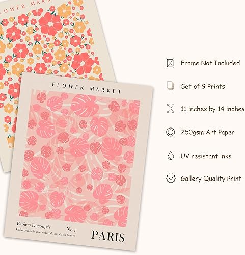 Miniatura 9 de AnyDesign 9 impresiones artísticas de arte de pared de mercado de flores, póster artístico de Matisse, decoración de dibujos florales sin marco,