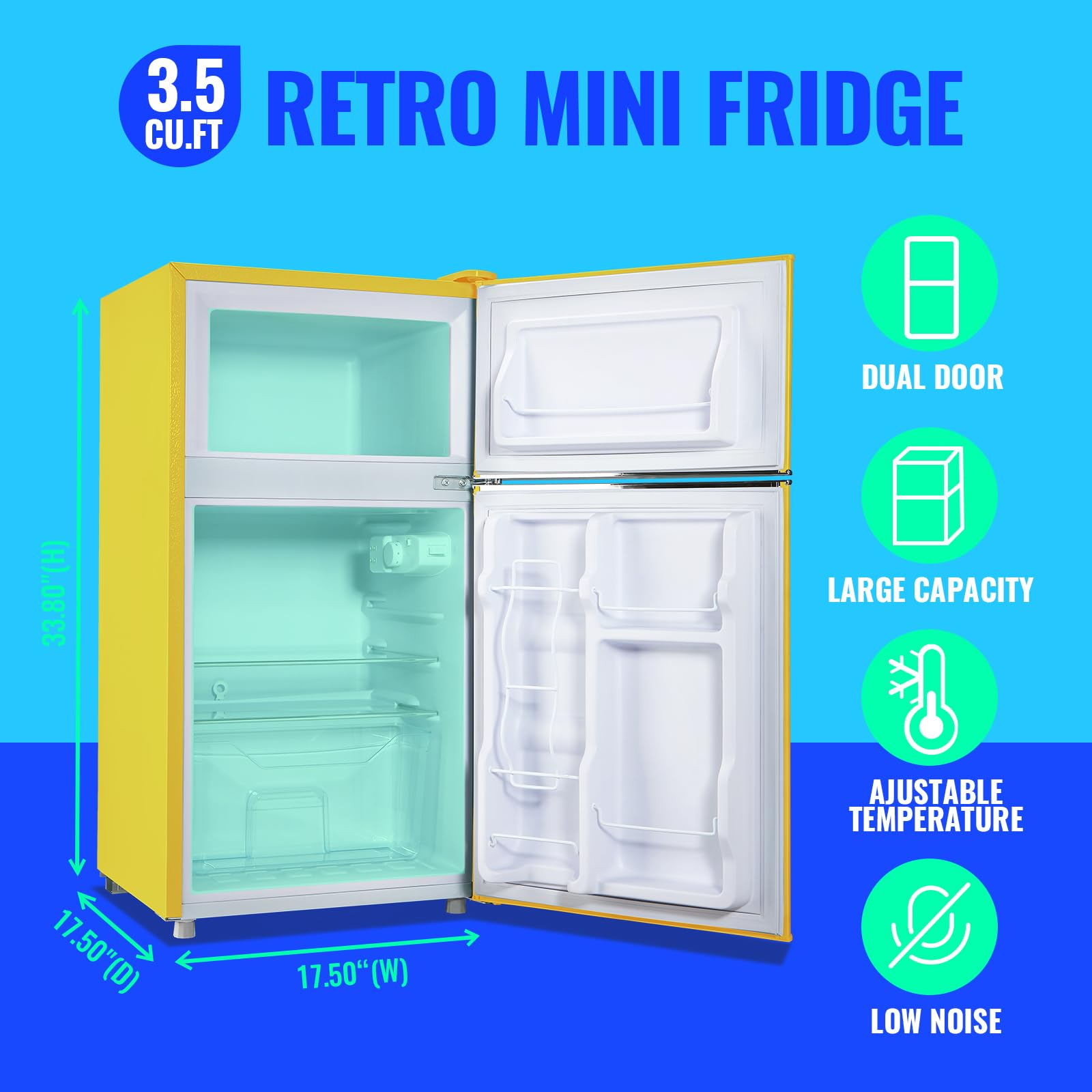 Tacool 3.5 Cu.Ft Fridge Dorm Fridge Refrigerator With Adjustable Glass Shelves, 7 Level Temperature Control Suit For Bedroom, Office, Apartment Yellow on Fridge.com - View 2
