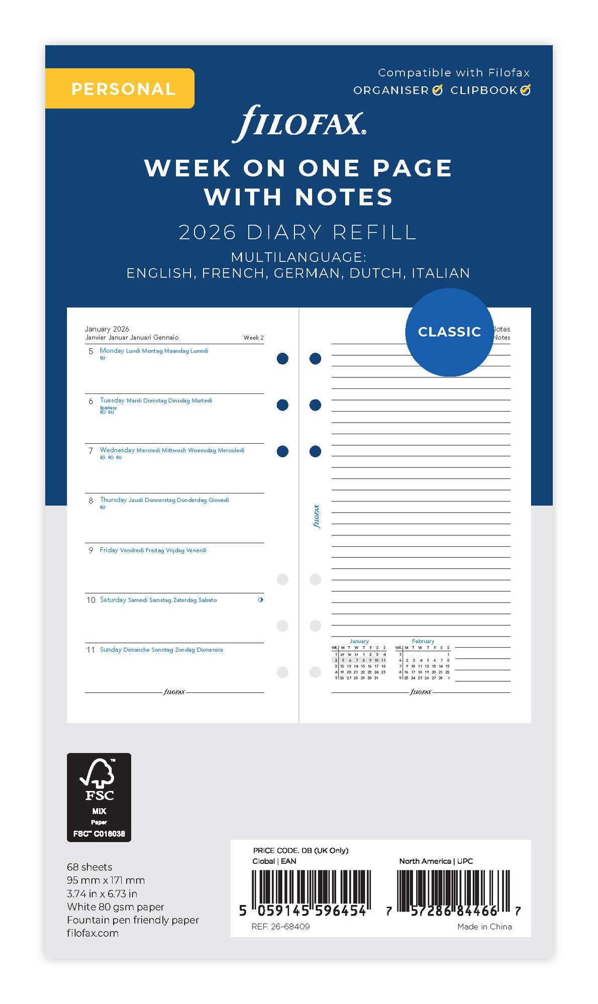 Filofax Personal week per page with notes 5 language 2026 diary 26-68409