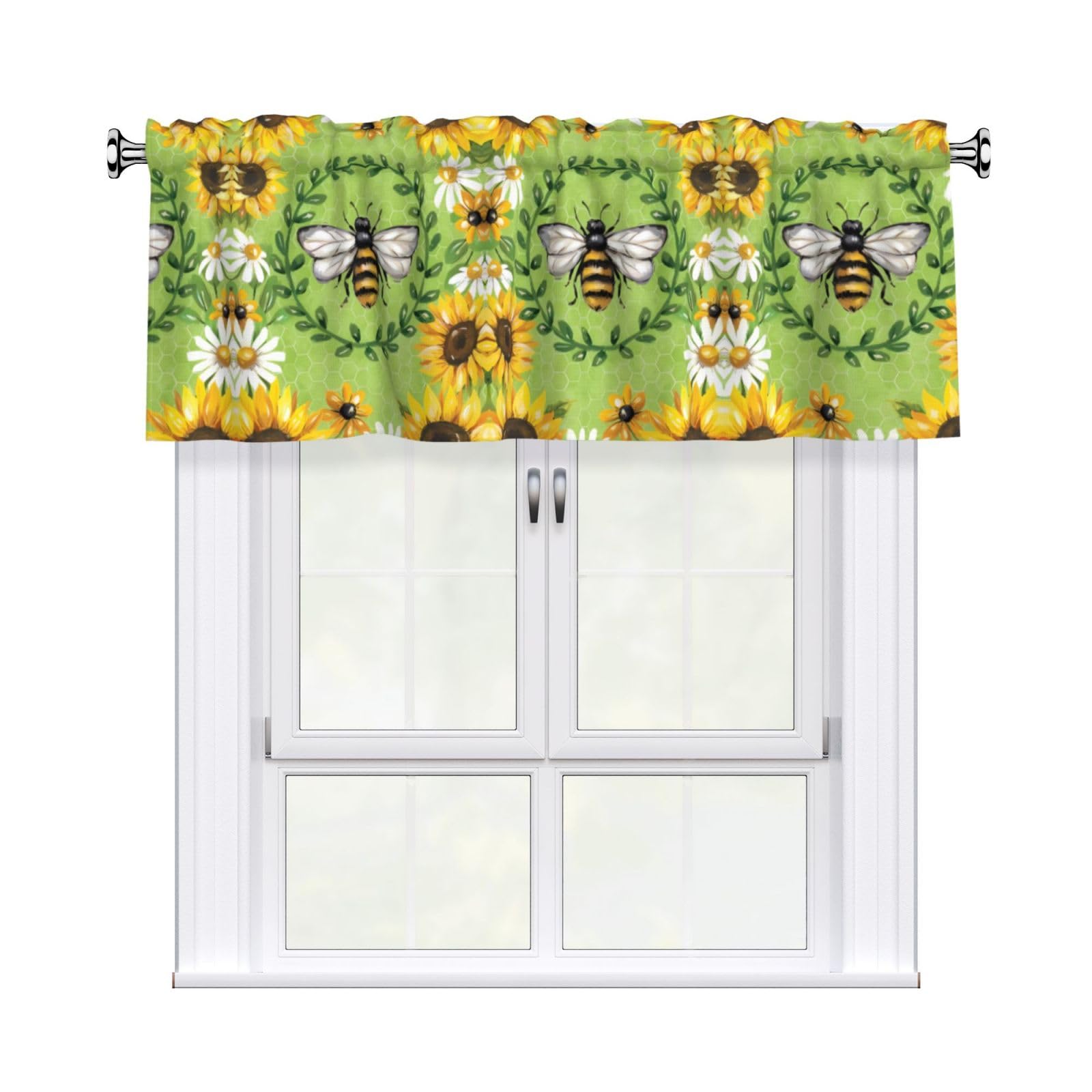 HJFCZH bee & Sunflowers Prints Curtain Valance 54x18in - Peach Skin Kitchen Window Layer, Filtered Light & Quick-Install Rod Pocket Cover