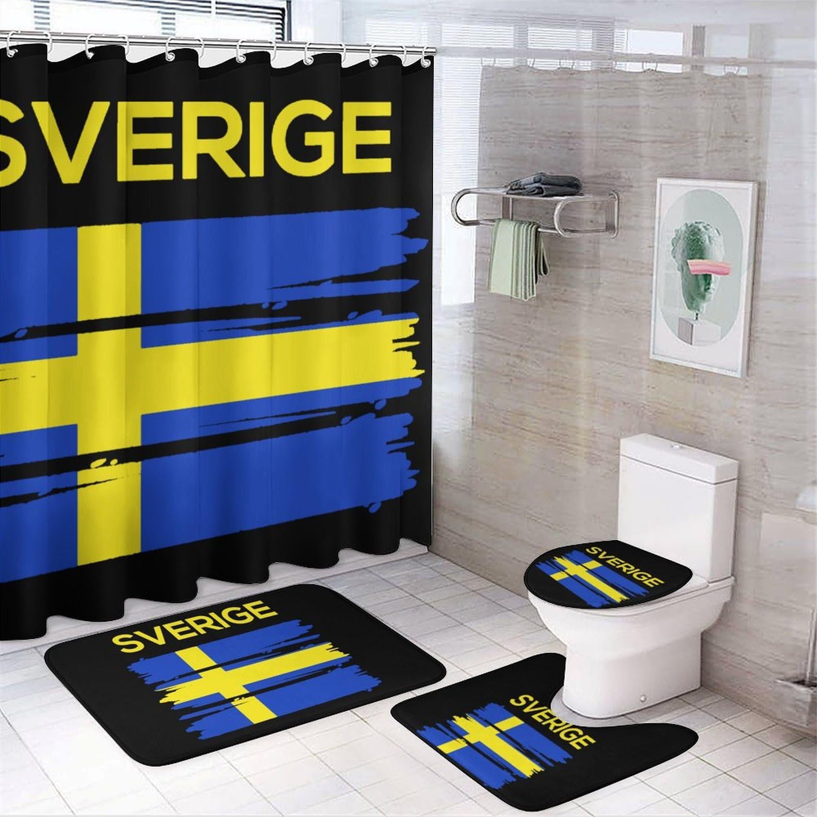 CGSBNGHA Sverige Sweden Swedish Flag Shower Curtain Set 4 Piece Bathroom Sets with Rugs Toilet Lid Cover And U-Shaped Floor Mat