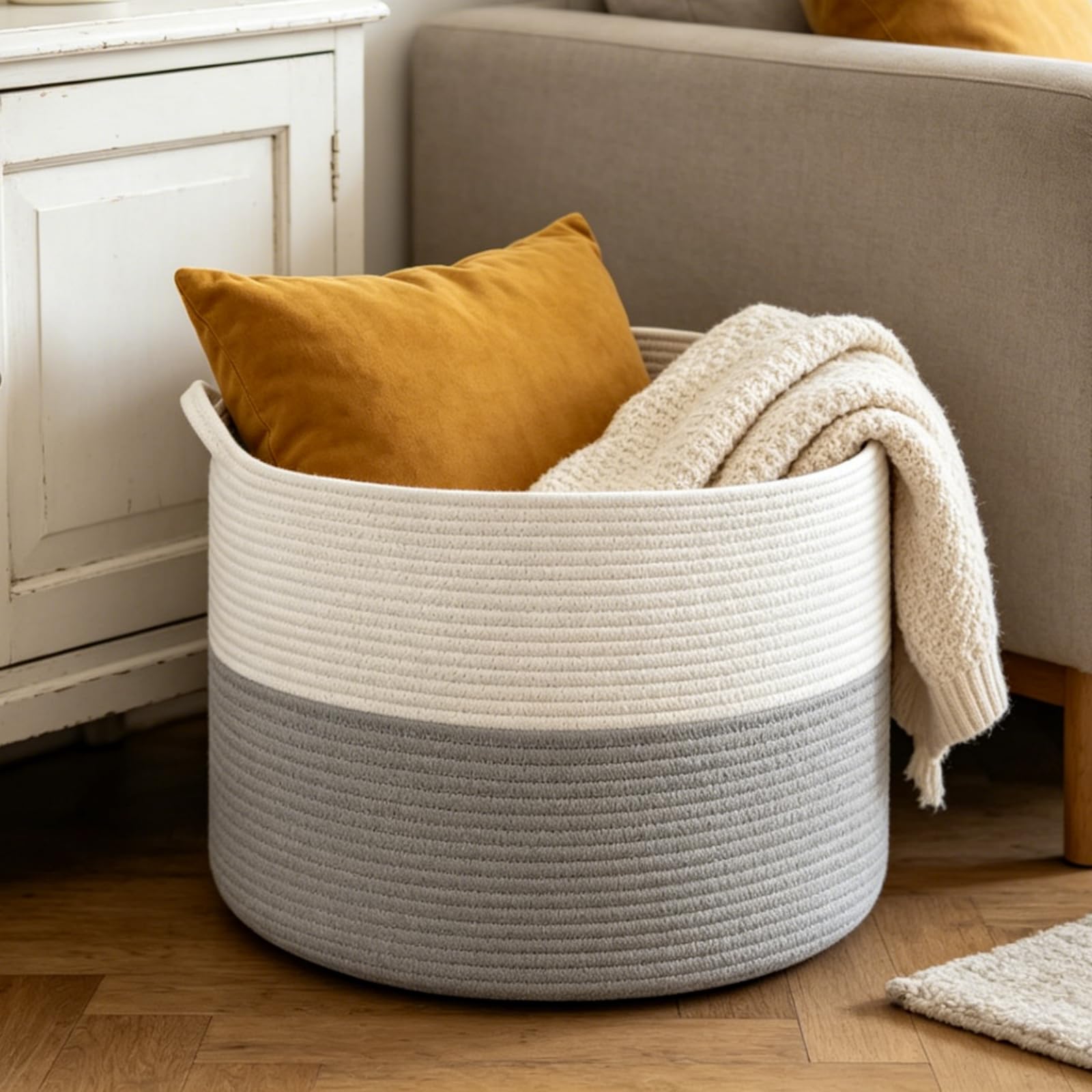 Maliton Cesto Portabiancheria Extra Grande, 50 x 30 cm Cesto Biancheria Sporca con Manici, Cesta Giochi Bambini per Salotto, Bagno, Coperte(Bianco Grigio)
