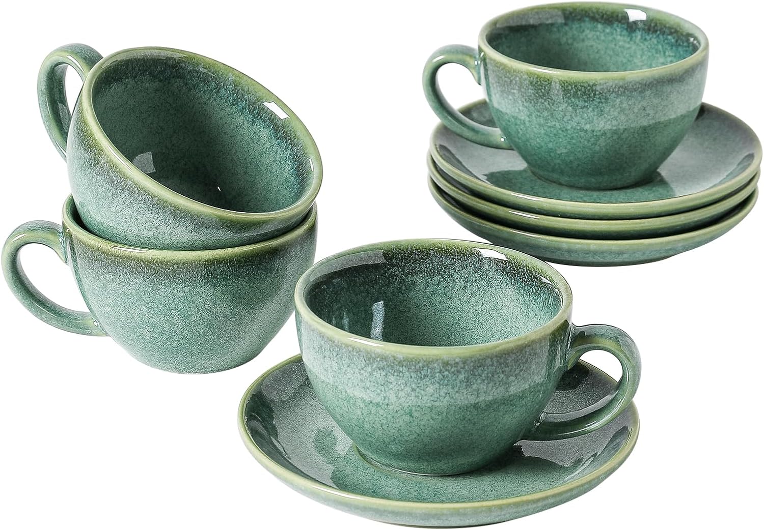 Henten Home Ceramic Latte Cups with Saucers, Coffee Cup Set of 4 for Hot Cocoa, Tea, Cappuccino, Espresso, Microwave & Dishwasher Safe (Green)