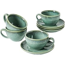 Henten Home Ceramic Latte Cups with Saucers, Coffee Cup Set of 4