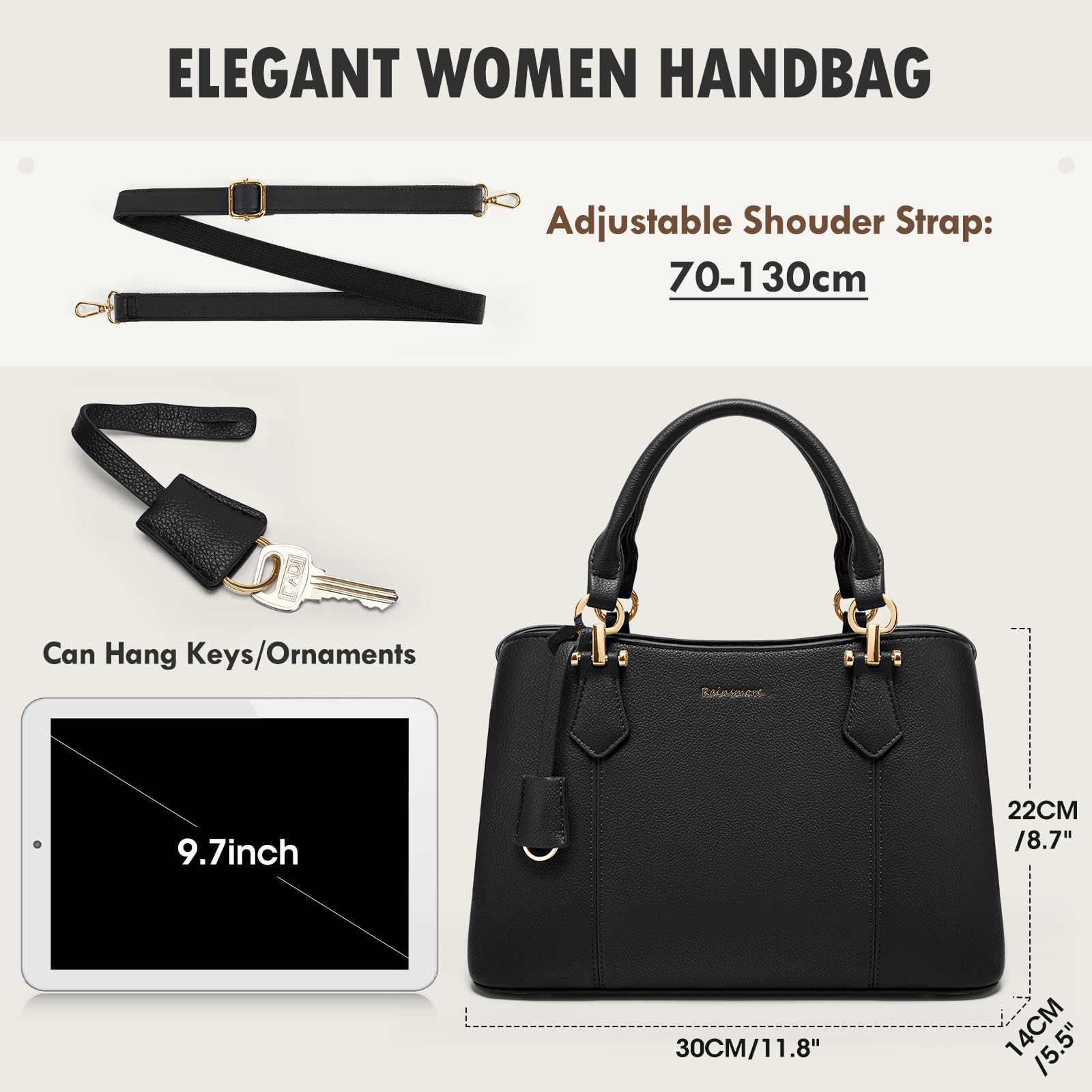 RAINSMORE Handtasche Damen Mittelgroß PU Leder Damenhandtaschen Klein Henkeltaschen Damen Umhängetasche Tasche Damen Tote Bag Schultertaschen Schwarz