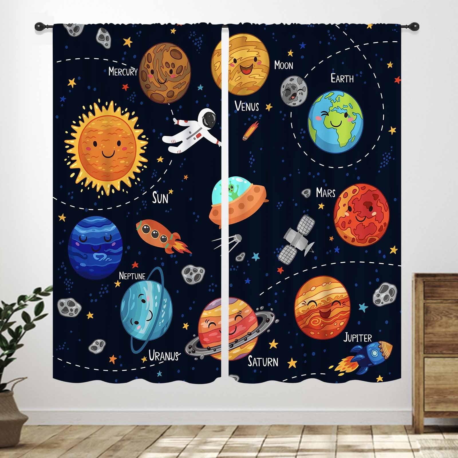 Outer Space Window Curtains for Kids,Cartoon Astronaut Universe Galaxy Planets Window Treatments for Bedroom Living Room Nursery Window Drapes 2
