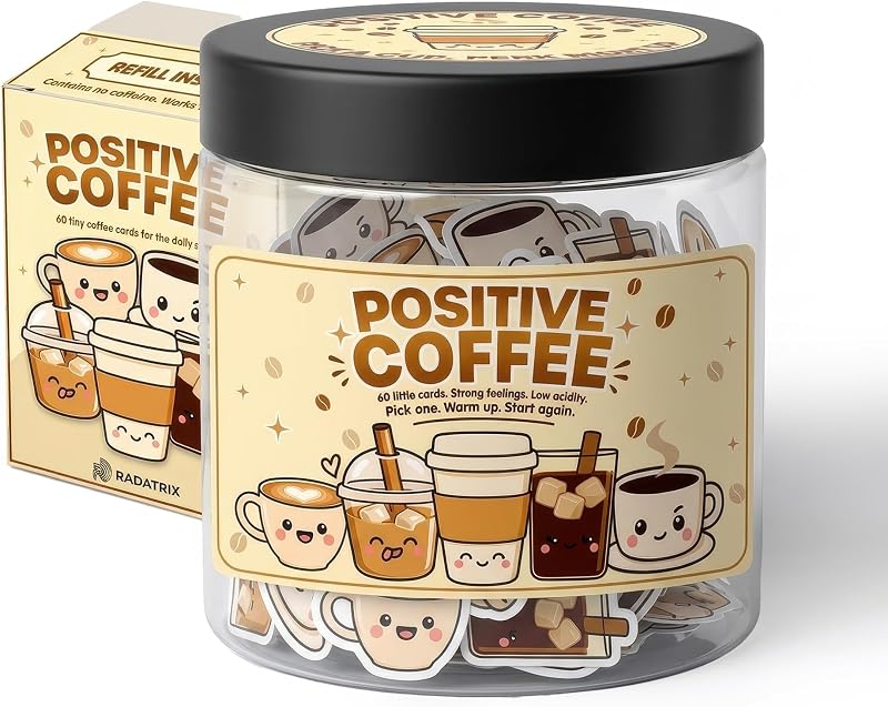 Pote decorativo RADATRIX com 60 cartões de afirmações sobre café