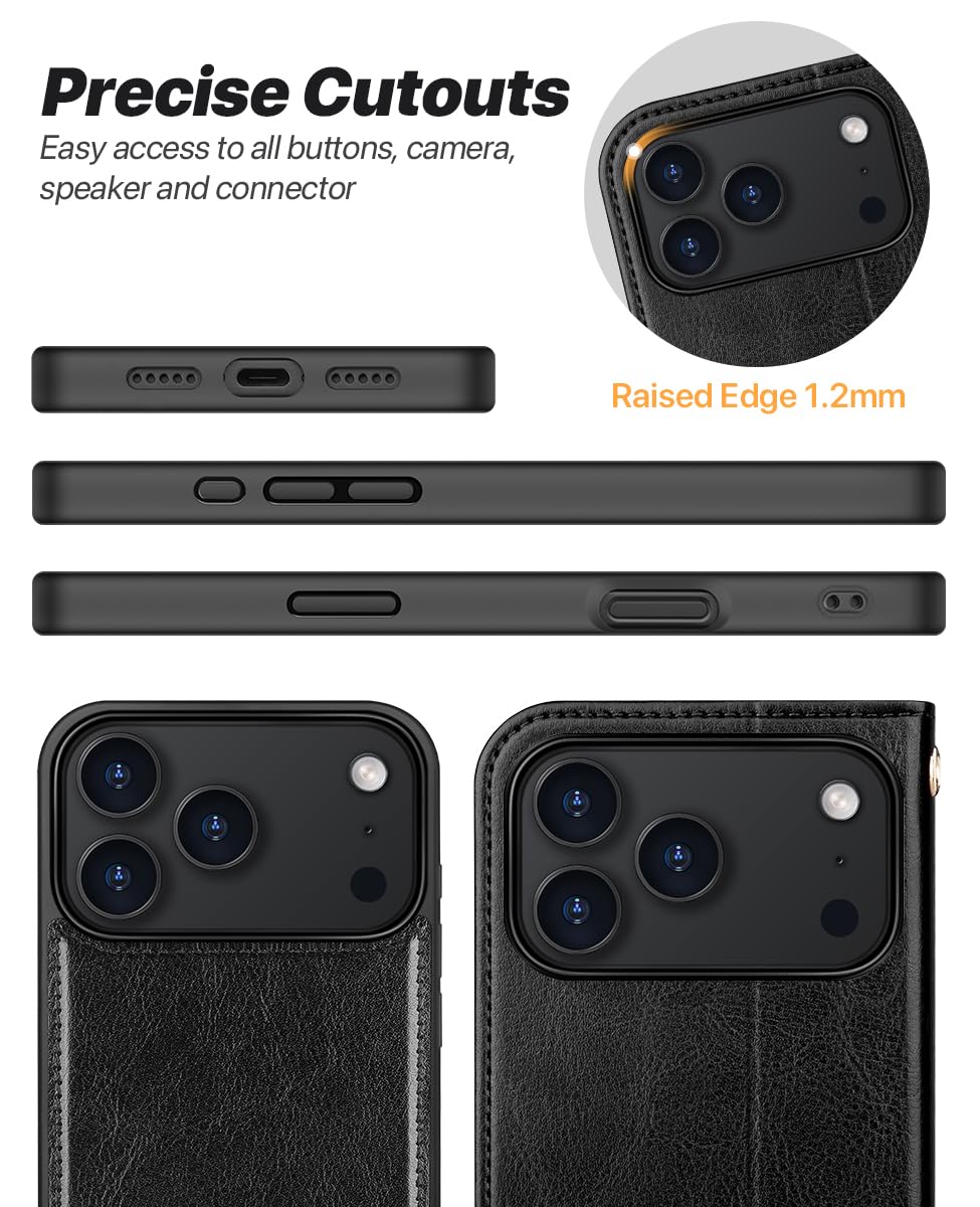 OCASE Handyhülle Kompatibel für iPhone 17 Pro Hülle Abnehmbar 2-in-1 Magnetische Premium PU Leder Klapphülle Kabelloses Laden Kartenfach RFID Standfunktion Schutzhülle für iPhone 17 Pro – Schwarz