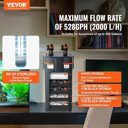 Miniatura 2 de VEVOR Filtro de acuario de 396 GPH, filtro de recipiente de 5 etapas de 125-200 galones, filtro interno ultra silencioso para acuario con protección