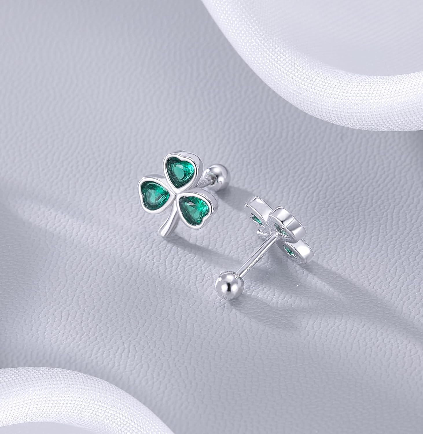 Reffeer Solid 925 Sterling Silver Green CZ Flower Stud Earrings Clover for Women Teen Girls Clover Stud Earrings Shamrock Earrings Summer - Image 6