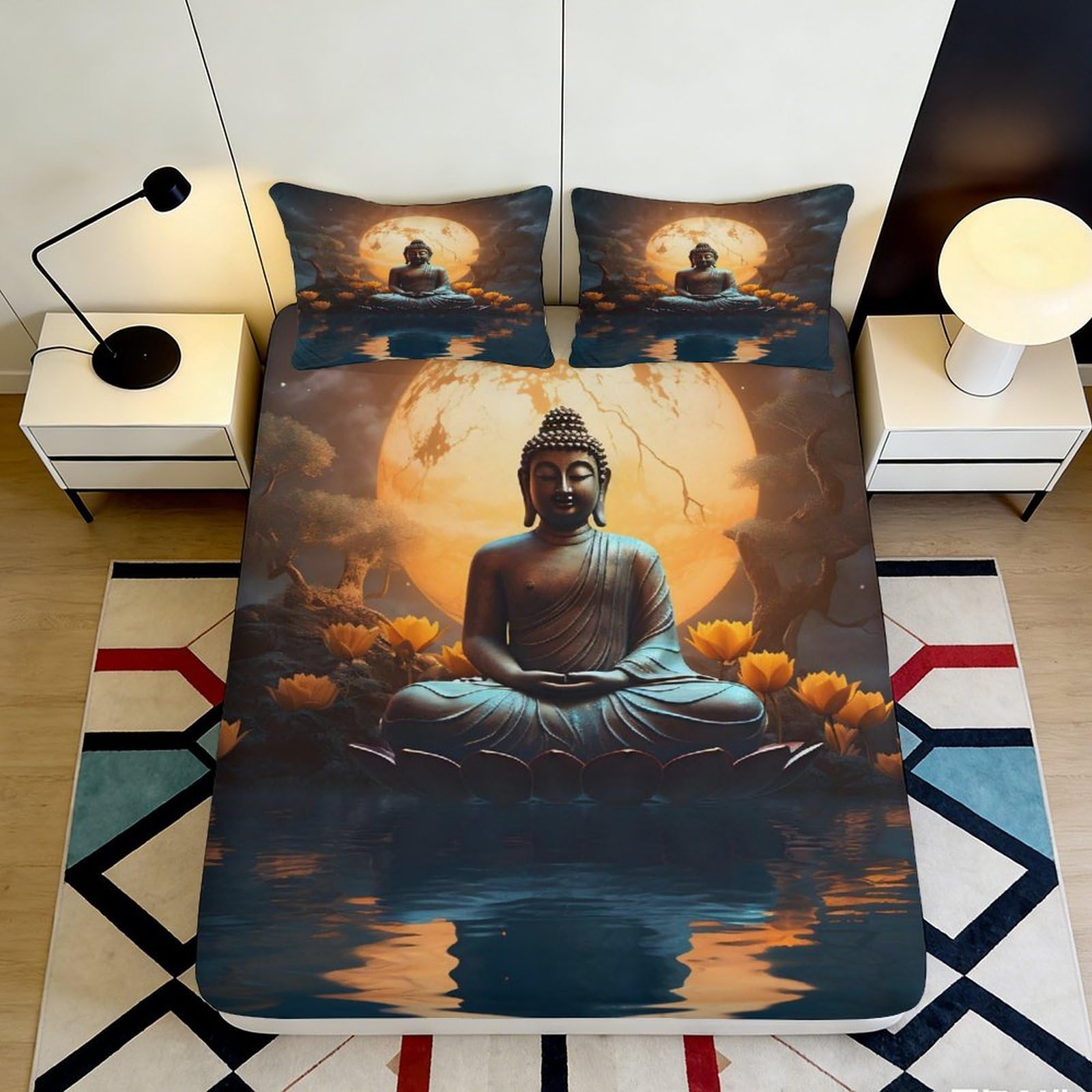 3D Printed Buddha Moon Fitted Sheet Microfiber Soft Anti-Slip Lotus Bed Cover for Bedroom Guest Room Decor 90x200x25cm