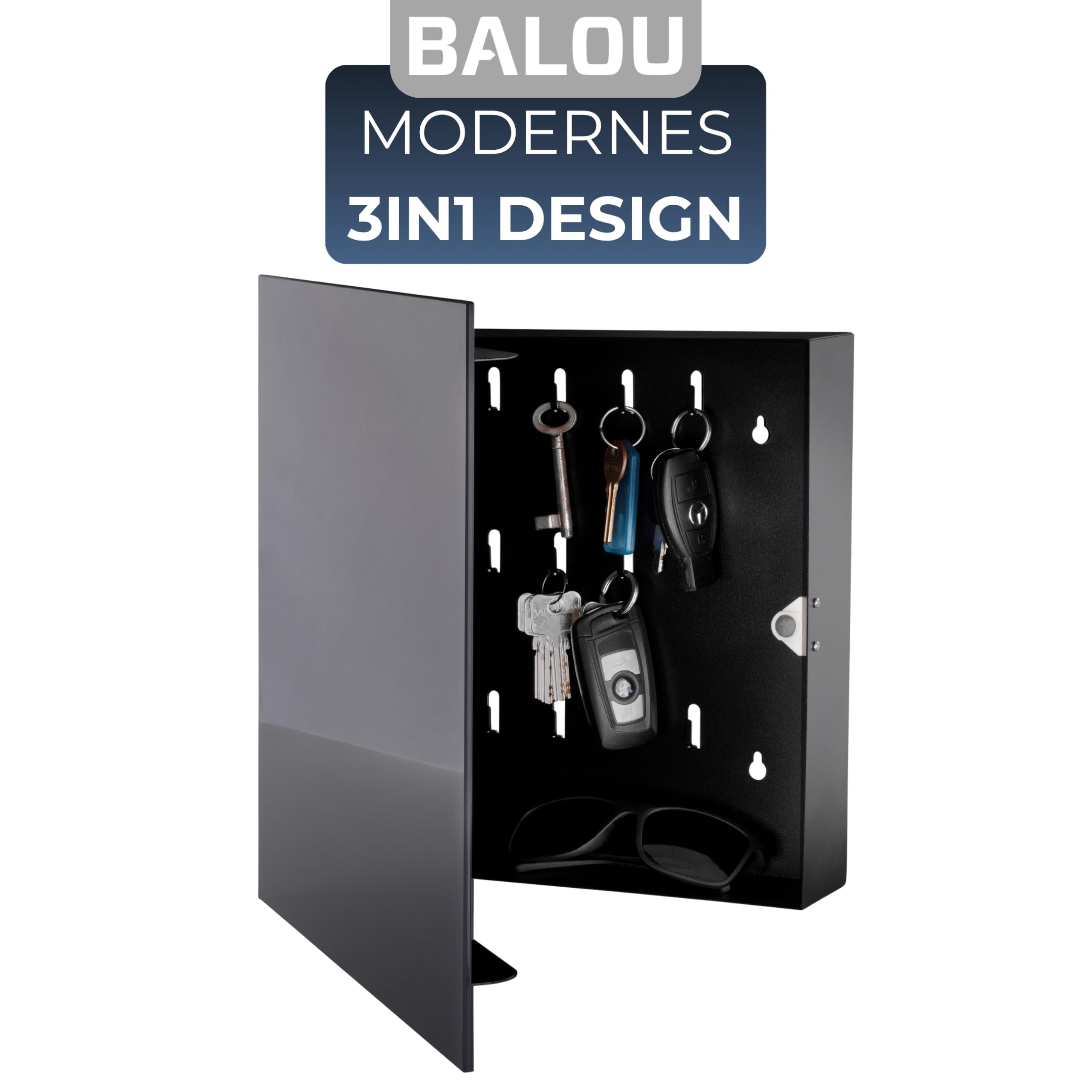 BALOU Schlüsselkasten modern mit Glas Magnettafel - Memoboard magnetisch mit 6 Magneten und Stift - Schlüsselschrank groß mit 20 Haken - Ideal für Flur, Eingangsbereich, Büro - 33x33x6,8cm anthrazit