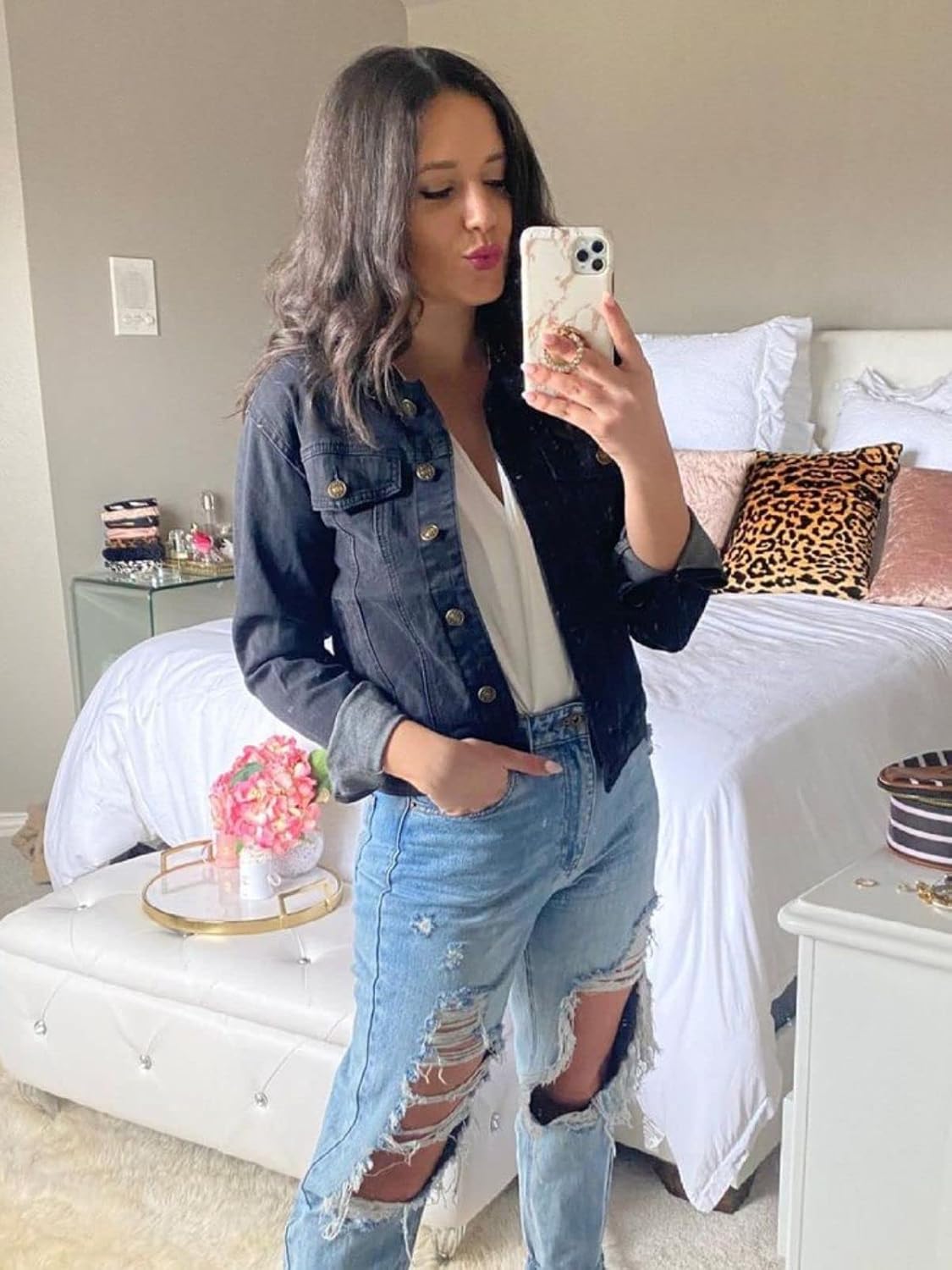 luvamia Women's Basic Button Down Stretch Fitted Long Sleeves Denim Jean Jacket - Image 3