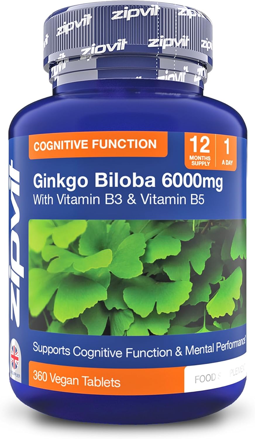 Zipvit Ginkgo Biloba 6000mg with Vitamins B3 & B5, 360 Vegan Tablets, Supports Memory, Focus, Brain Health & Cognitive Wellness, Standardised 50:1 Leaf Extract, 12 Months Supply.
