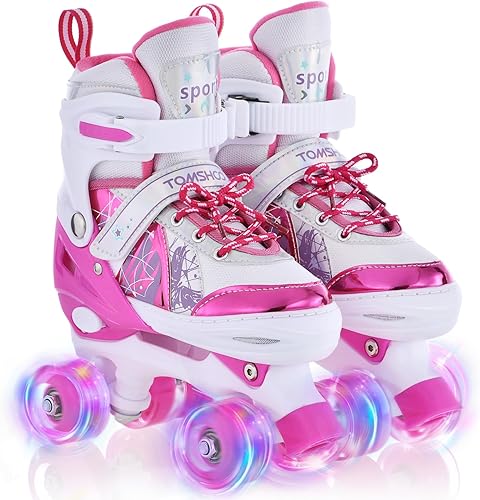 TOMSHOO Patines de ruedas para niñas, niños y principiantes, 4 tamaños ajustables con ruedas iluminadas, divertidos patines iluminadores morados y