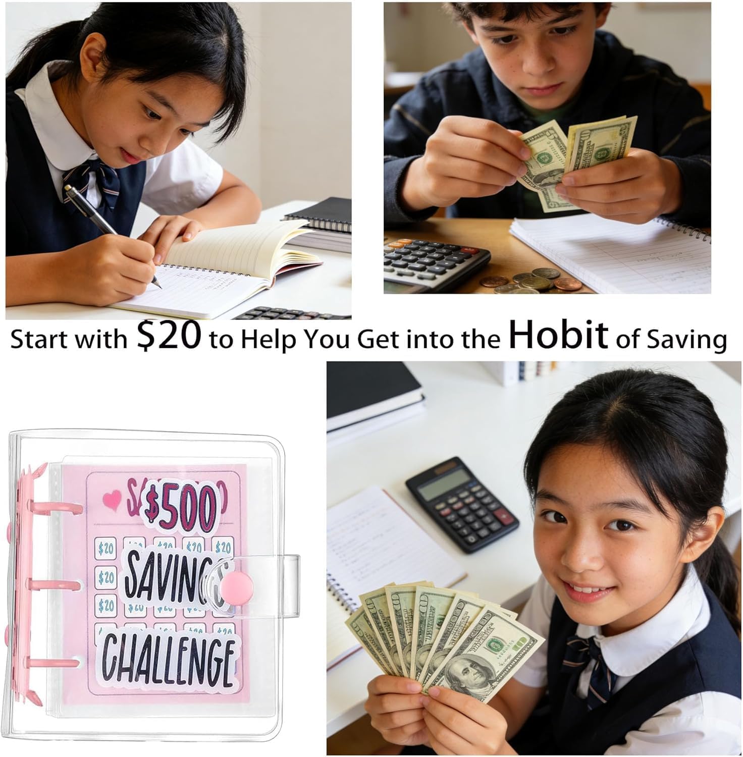 5 Pack 500 & 1000 Dollars Money Saving Challenge with 25 Binder Mini Savings Challenge Book with Envelopes for Budgeting Cash Planner Blue & Pink & White