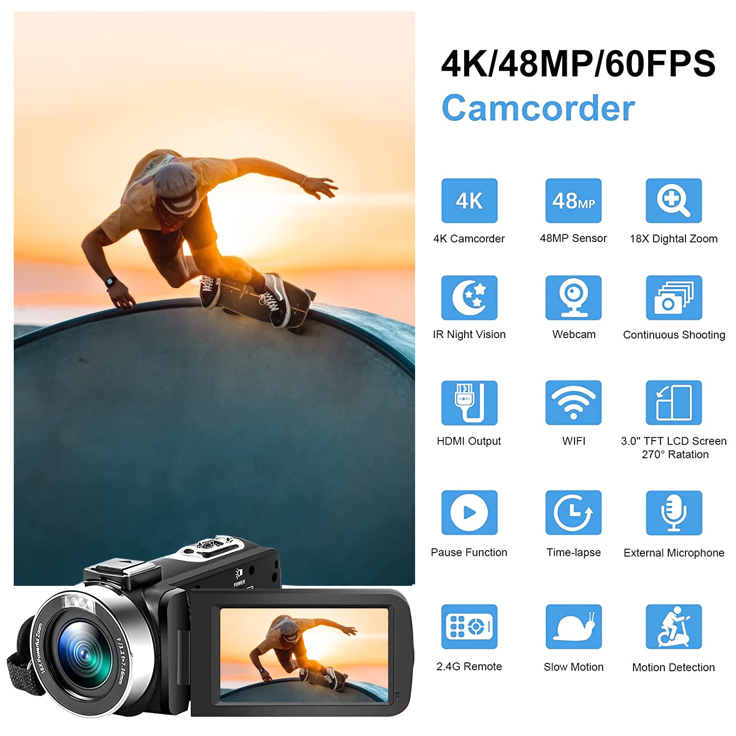 Acuvar Videocamera 4K 48MP Auto Focus 60FPS WiFi Vlogging Camera per YouTube Zoom 18X Videocamera Digitale con Mic, Stabilizzatore, Lettore di Schede SD, Scheda Micro SD da 64 GB, Kit Vlogging YouTube