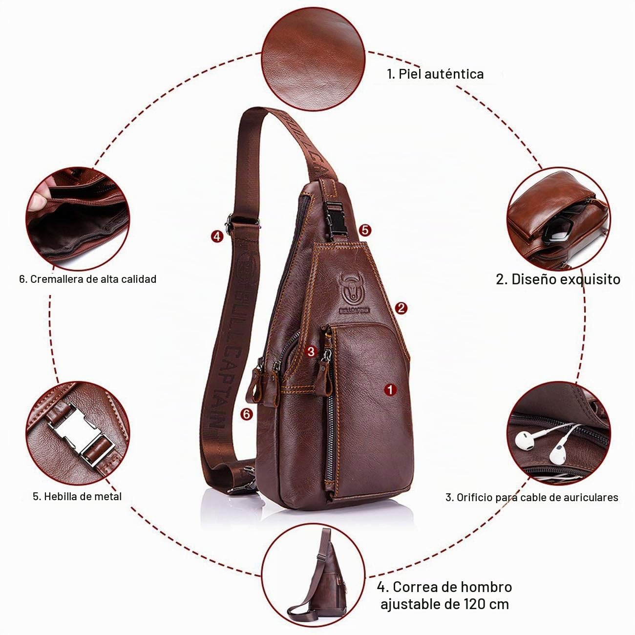 BULLCAPTAIN Bolso Hombres de Pecho Bolsa Bandolera, Mochila de Cuero Autentico Bolsos de Mochila Mochila Messenger Bag Daypack para el Negocio Casual Sport Hiking Travel Marrón