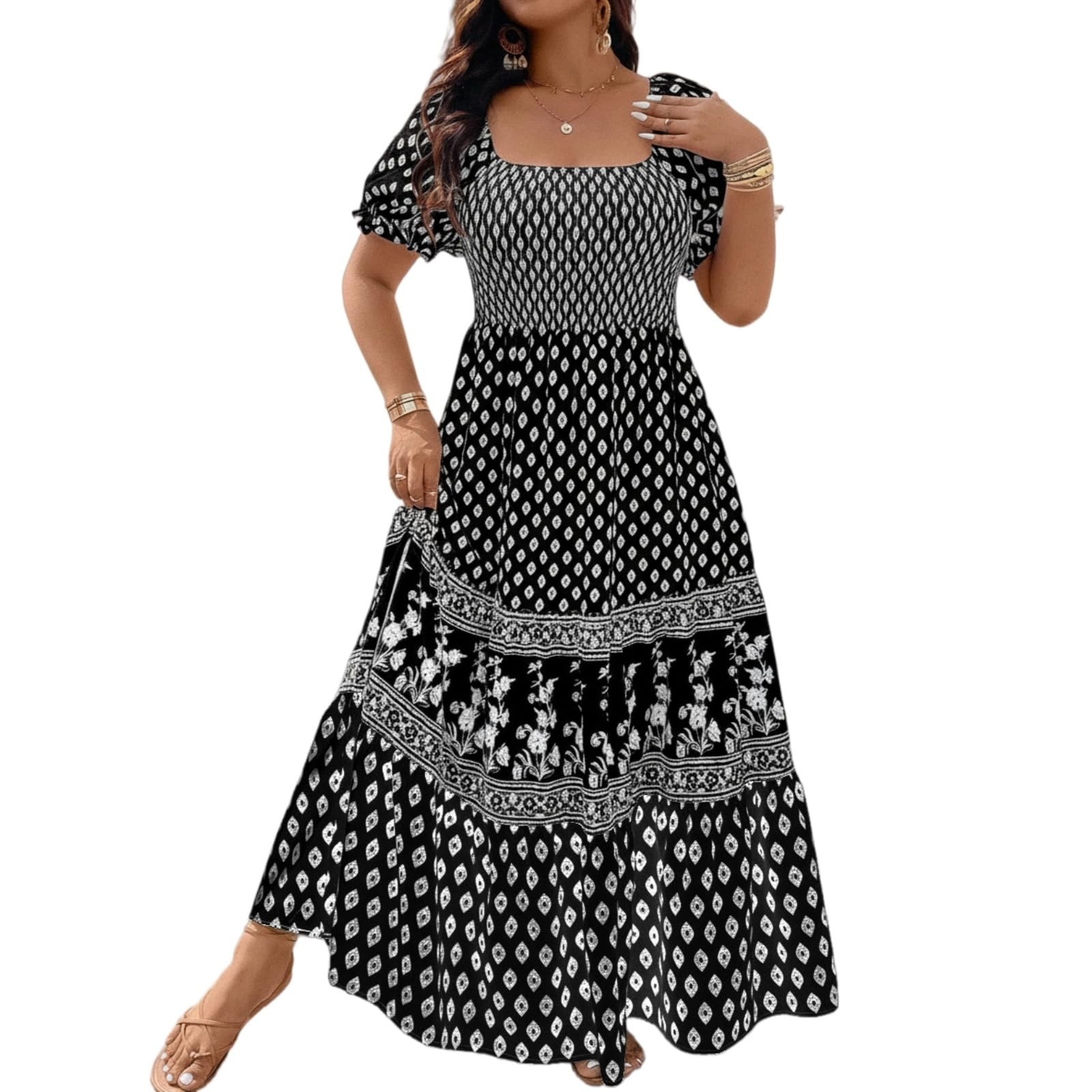 Vestito Donna Bohemian Smoked Dress Floral Stampa Manica Corta Vacanze Estatali Sundress-Black-XXXL-United States