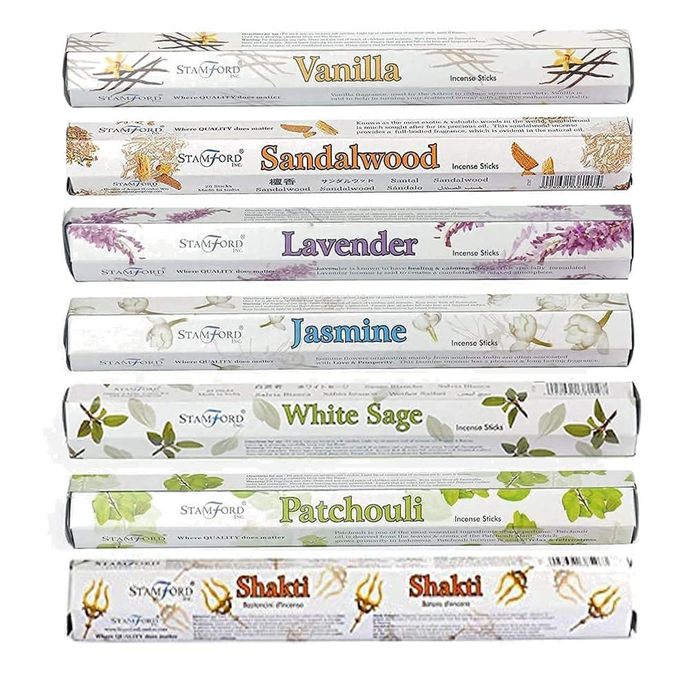 Stamford Assorted Premium Joss Incense Sticks- Vanilla, Sandalwood, Lavender, Jasmine, White Sage and Patchouli With Shakti Incense Stick