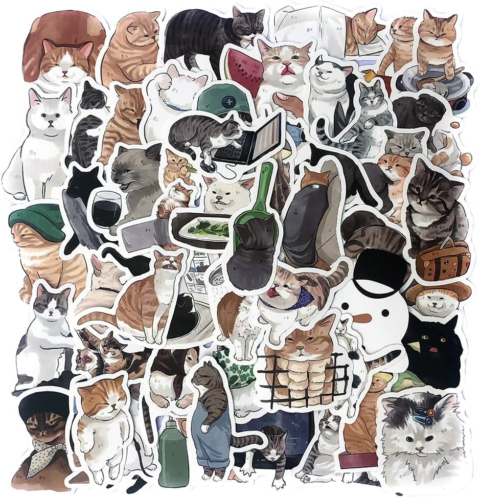 Cute Cat Pet Meme Stickers Pack(54pcs), No Repeat Kawaii Cats Vinyl Kids Sticker for Pet Carrier Water Bottle Skateboard Motorcycle Bike Laptop Guitar ATV with Waterproof PVC