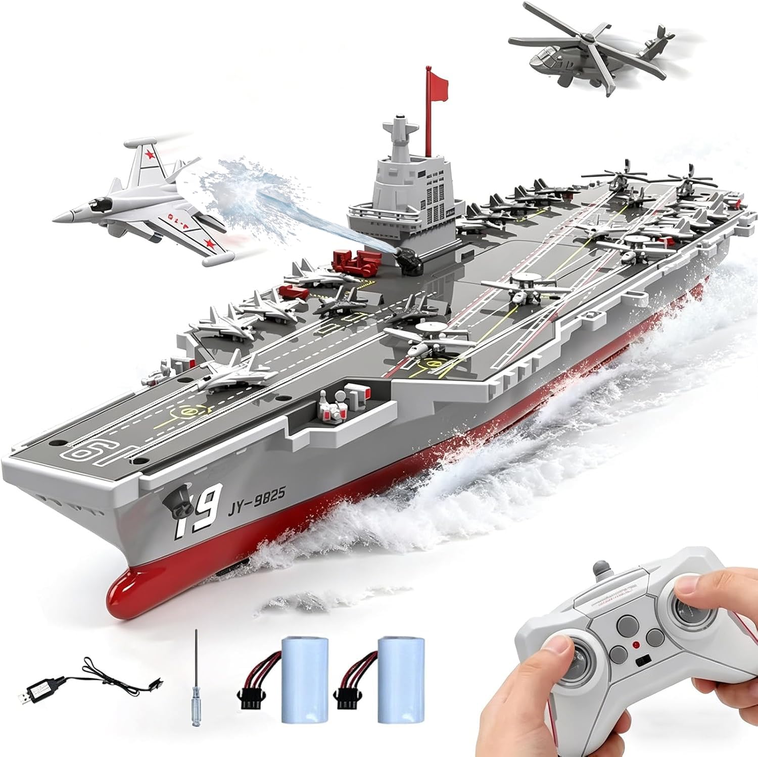 Kodbiby 2.4G Remote Control Warship, RC Boat with Dual Speed, Water Spray Function, DIY Remote Controlled Aircraft Carrier Assembly for Outdoor Water Play