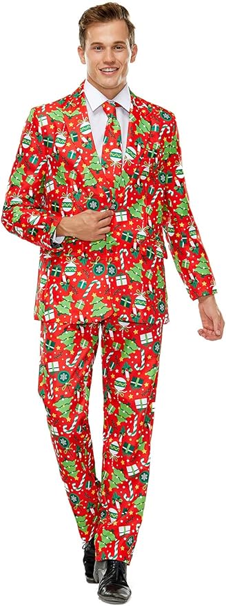 U Look Ugly Today Men's Funny Christmas Suits for Christmas Party, Costume, Festive Suit with Jacket, Trousers and Tie