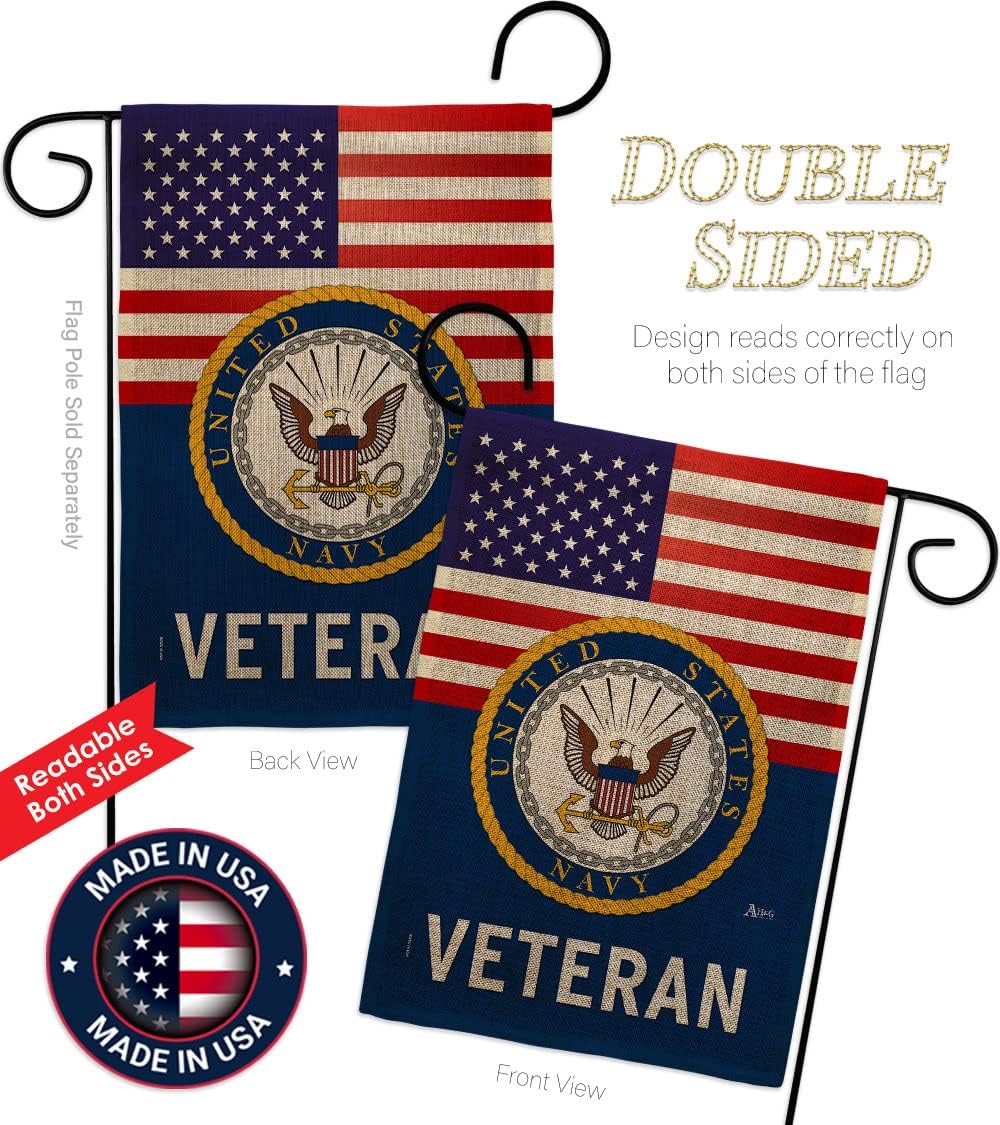 US Navy Veteran Burlap Garden Flag - Set with Stand Armed Forces USN Seabee United State American Military Retire Official - House Banner Small Yard Gift Double-Sided Made in USA 13 X 18.5