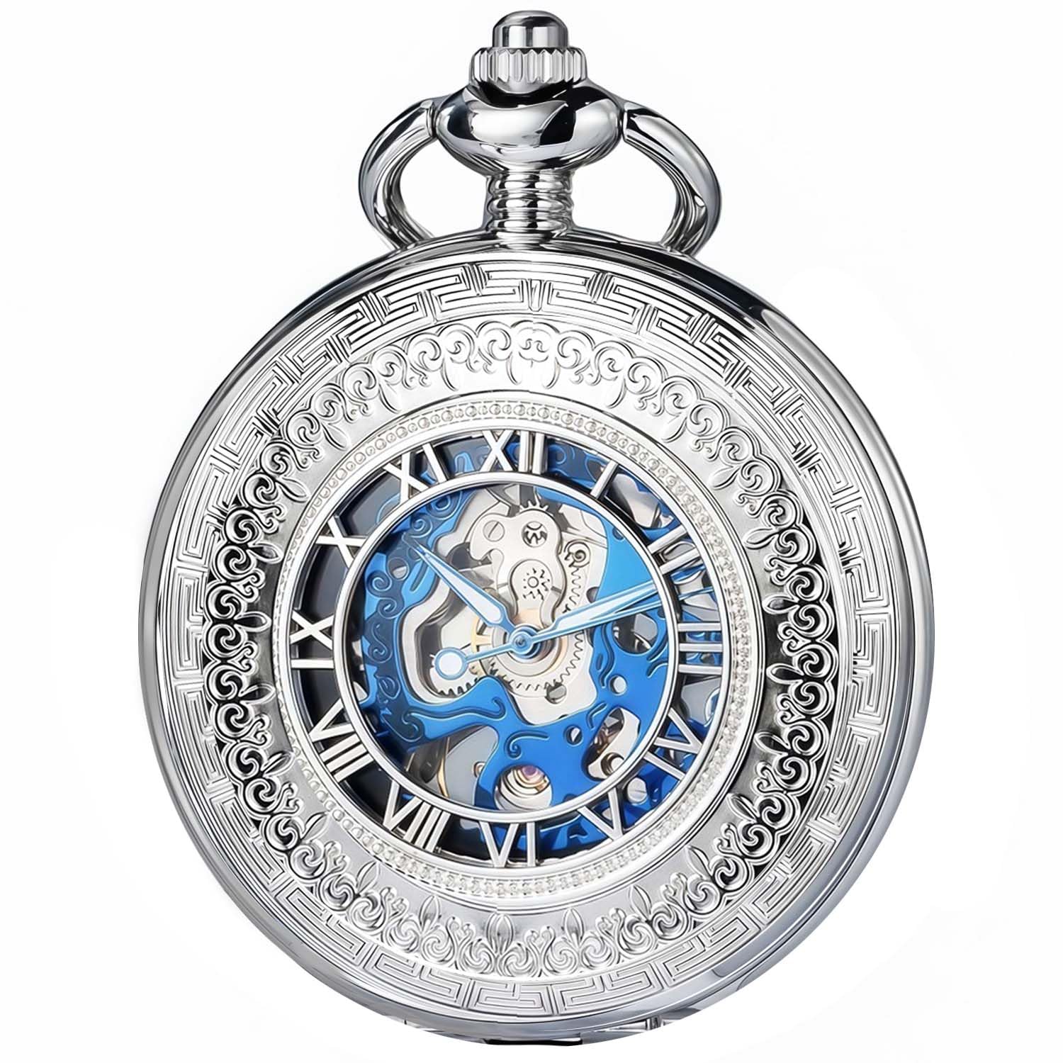 Pocket Watches for Men Antique Roman Numeral, Silver Mechanical Skeleton Pocket Watch with Chain-image-1