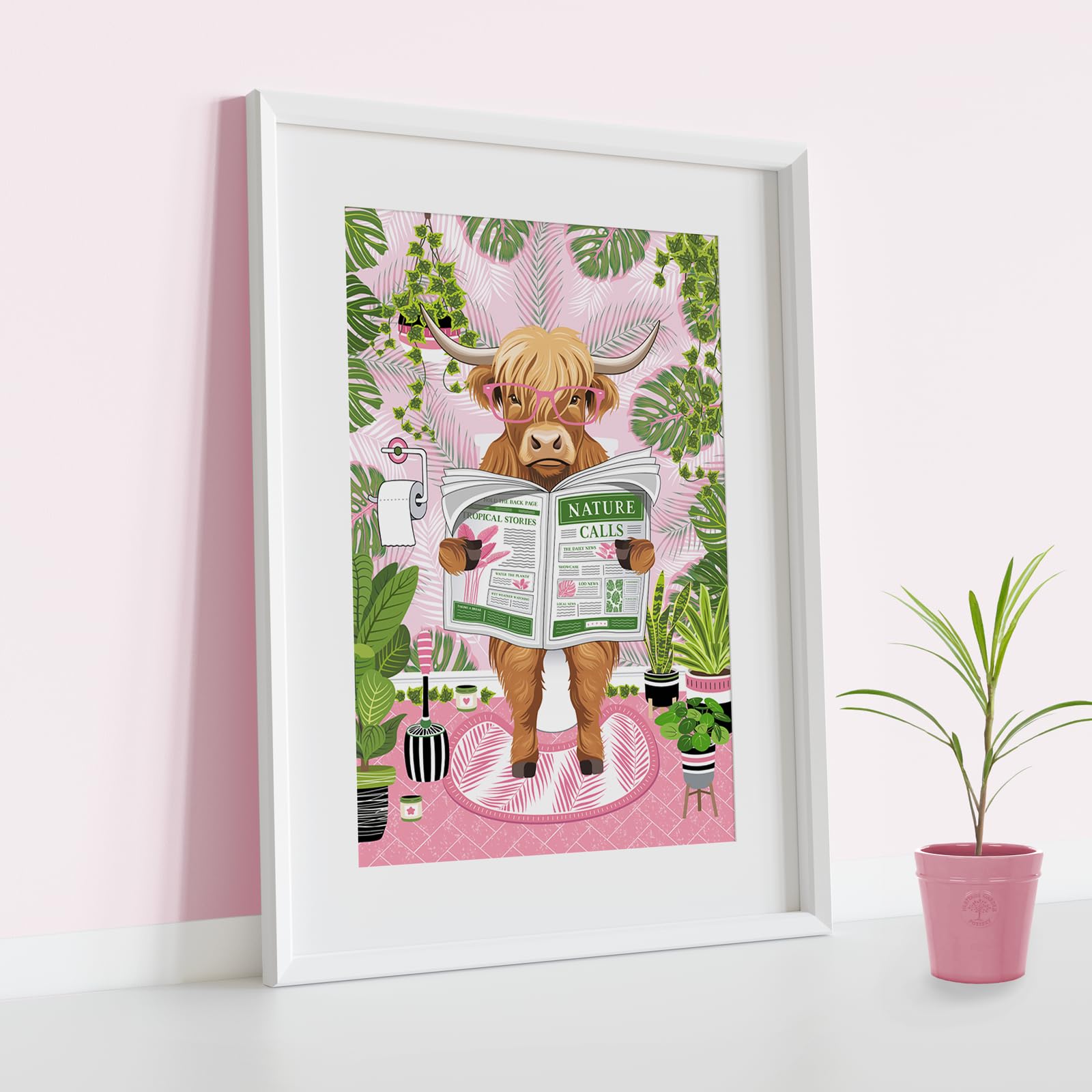 Parmaro Highland Cow on Toilet Print, A4 Unframed Art Print, Pink Botanical Tropical Bathroom Decor, Pink, Green, 29.7L x 21W cm - Image 4