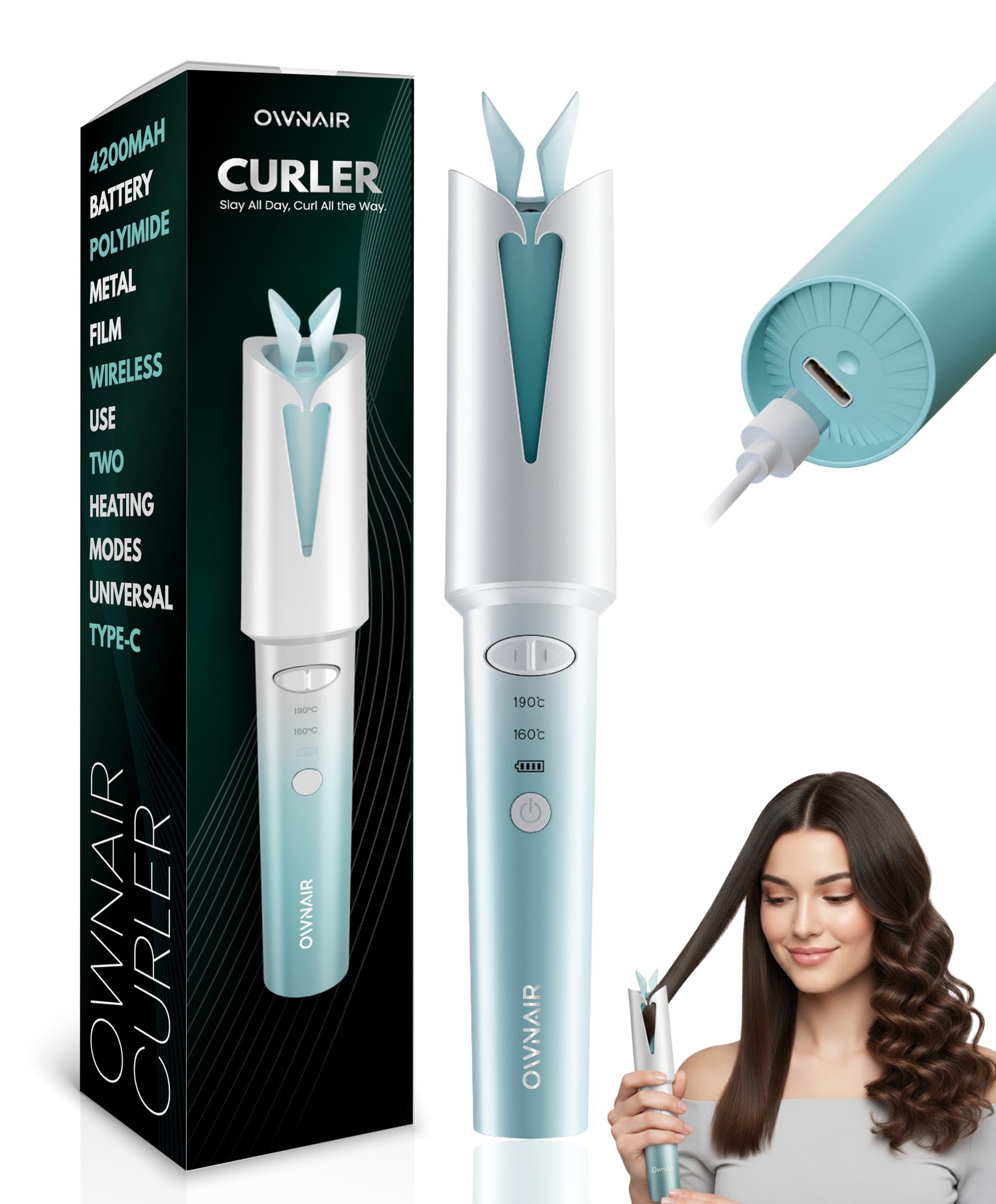 OWNAIR Hair Twirl Cordless Automatic Hair Curler Machine | Quick Curls in 10 Mins, Portable & Rechargeable Two Way Curling Iron, 6 Temperature Settings, Ceramic Coating, Anti-Scald Design & No Tangles