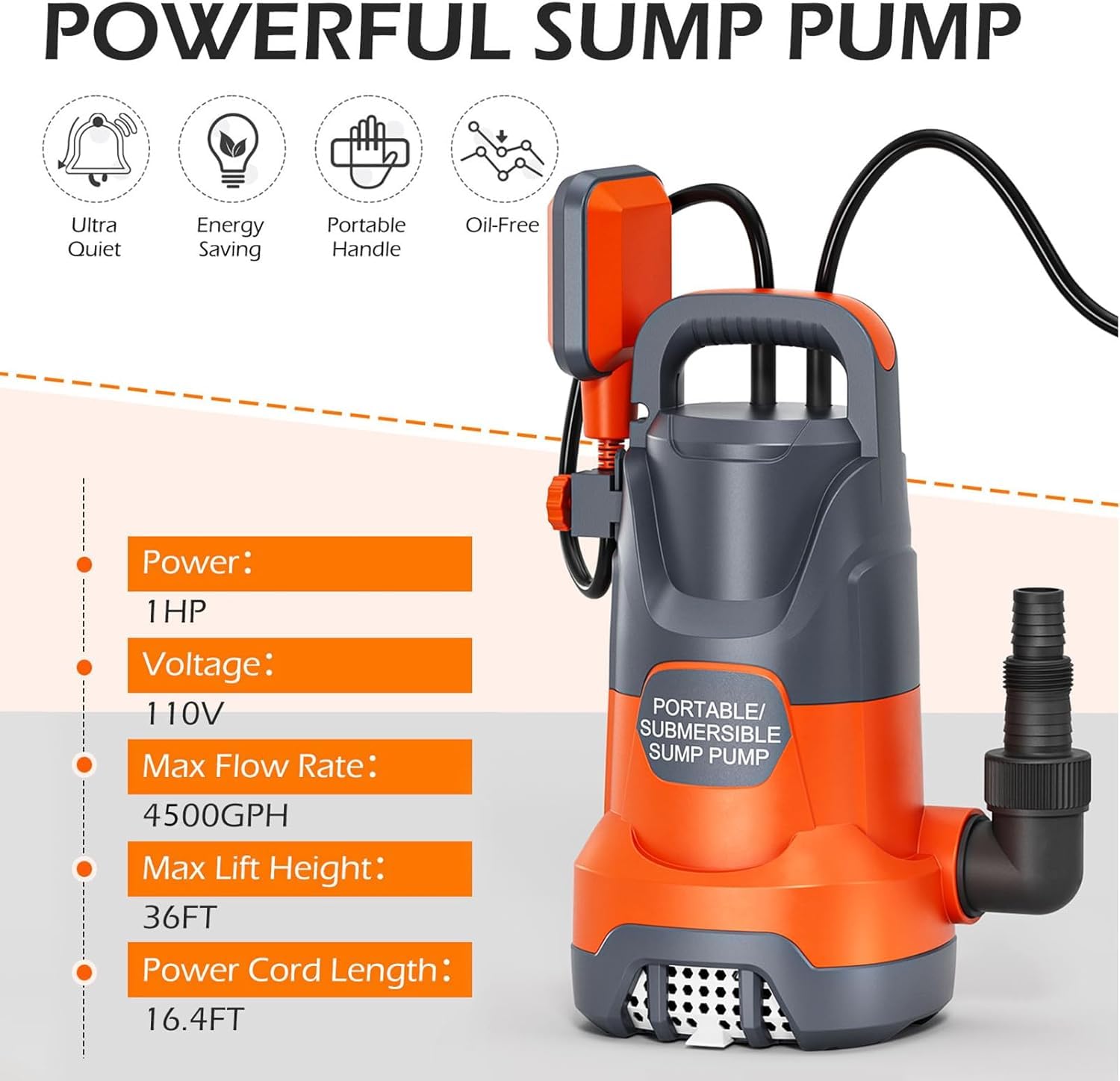Condition photo showing As Is for sump pump with float 1hp clean/dirty submersible water pump electric 4500gph for pool draining spa hot tubs ponds, orange