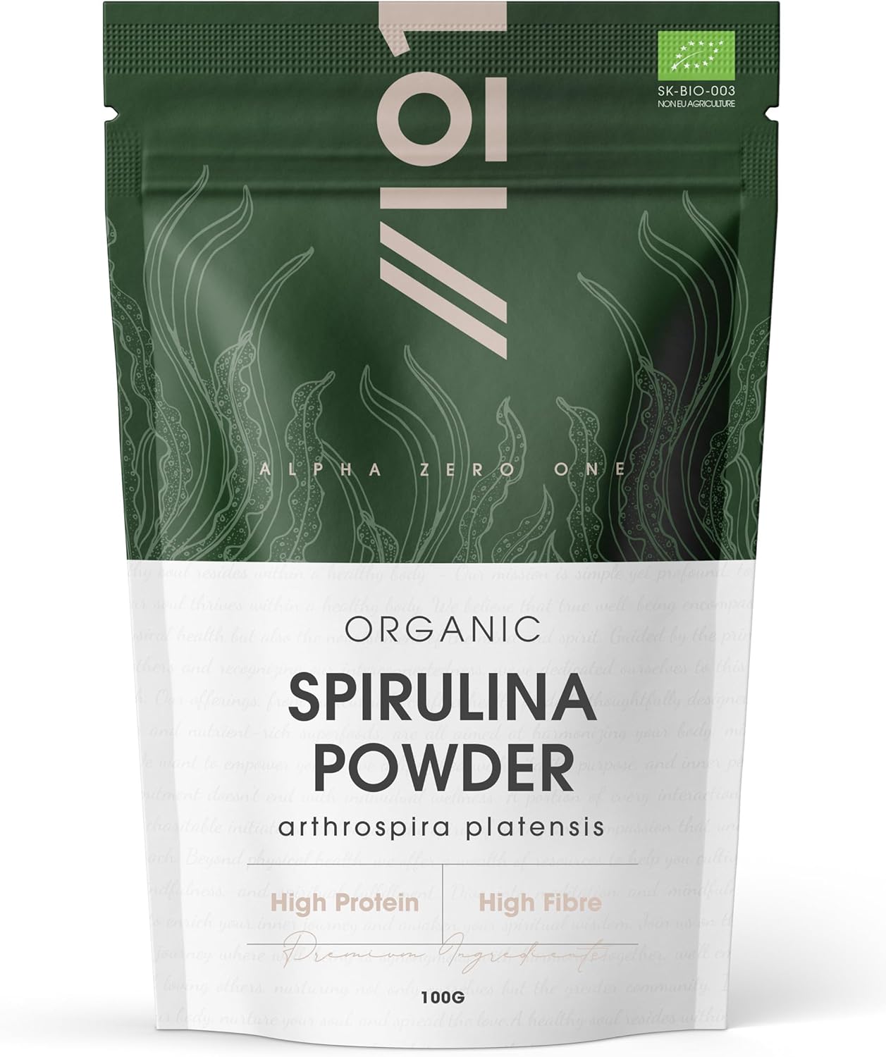 Organic Spirulina Powder 100g – 100% Cold Pressed – Resealable and Recyclable Pouch – by Alpha01