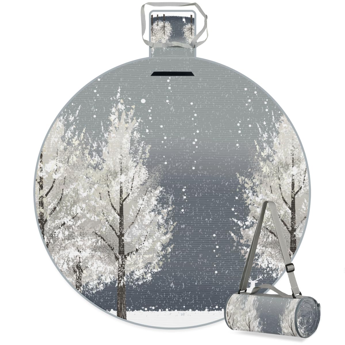 Shimoshe Winter Tree Animal Deer Picnic Outdoor Blanket Foldable Waterproof Sandproof Beach Blanket Portable Water-Resistant Round Picnic Mat for Travel Camping Park Lawn