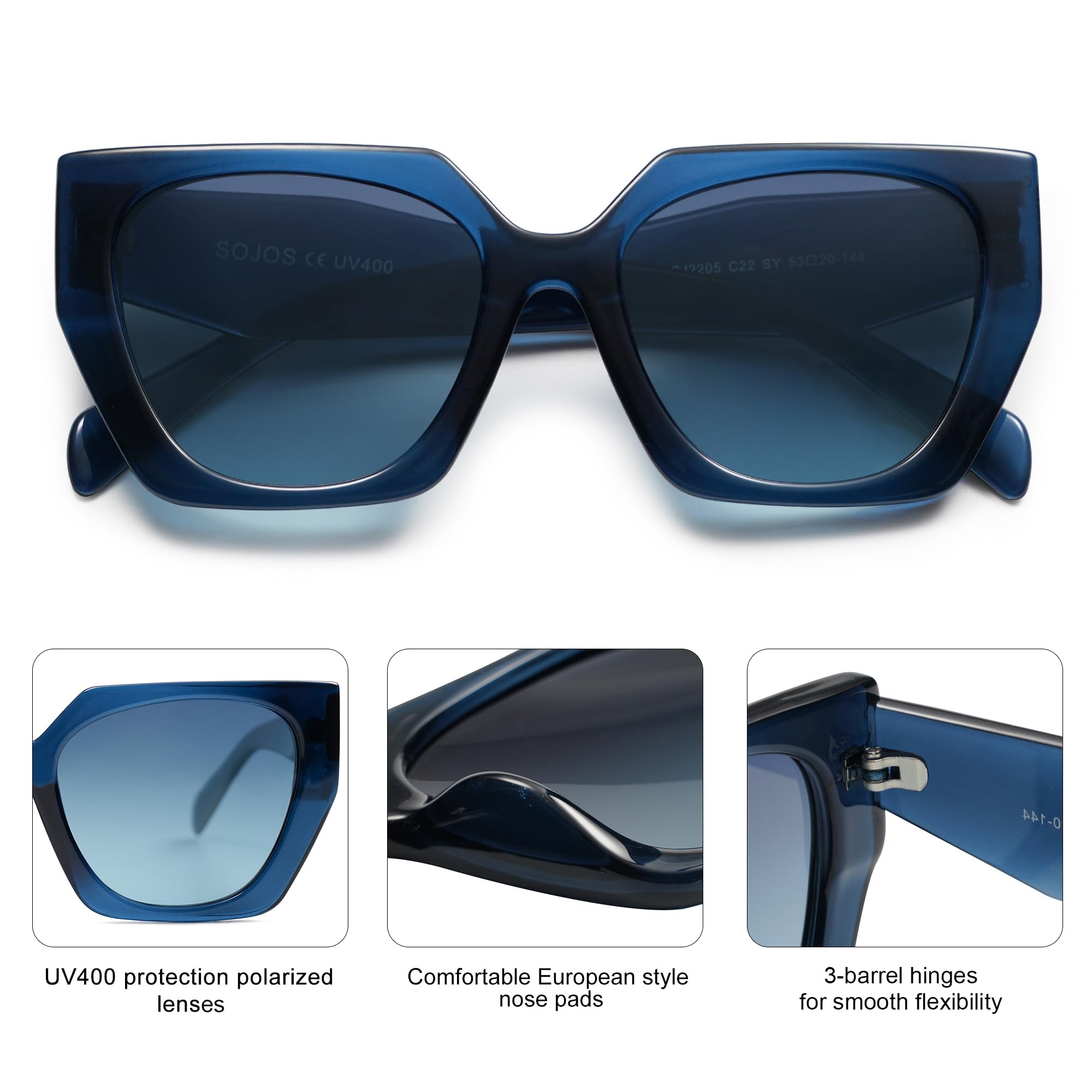 SOJOS Trendy Oversized Polarized Sunglasses Womens Big Square Cateye Sunnies, Lentes de sol para mujer SJ2205
