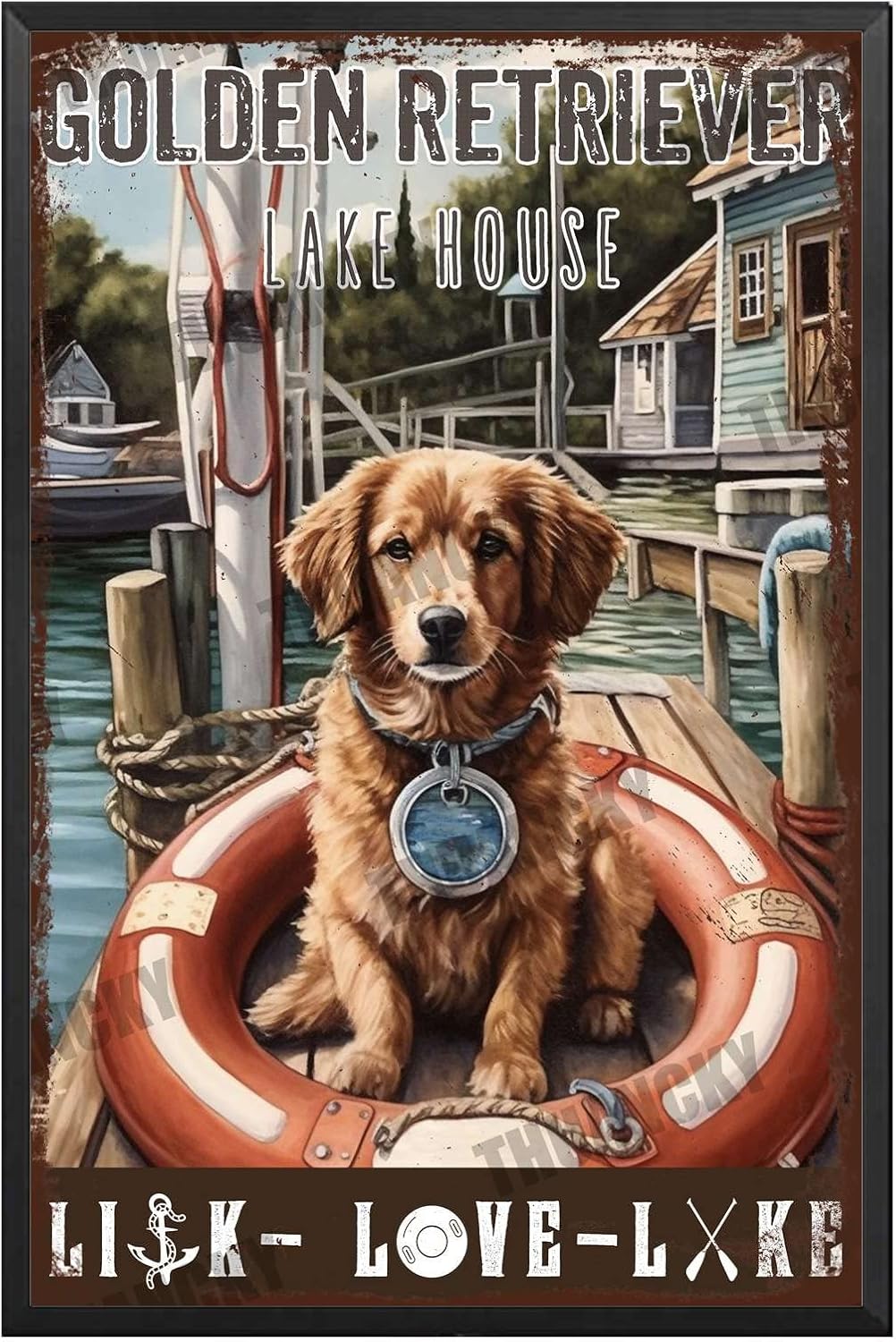 THUANCKY Metal Hanging Sign Golden Retriever Lake House Like Love Lake Style Retro Metal Tin Sign Wall Decor for Backyard Garage Man Cave Shed Office Craft Room 8x12inch with Black Metal Framed