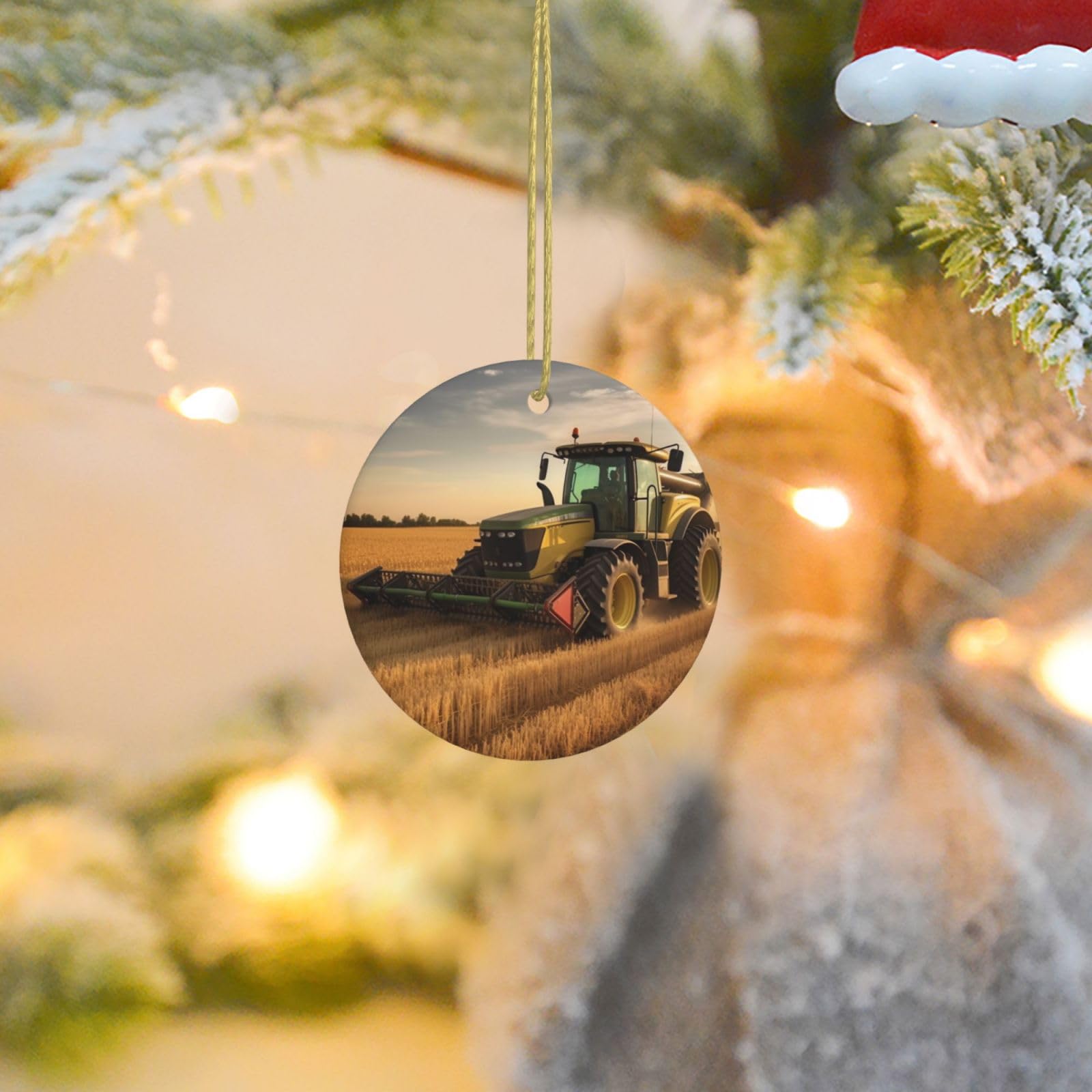 Christmas Ornaments for Christmas Tree Decoration Ceramic Hanging Farm Tractor Harvest Ornament with Gold Ribbon Crafts Round Pendant for Keepsake Gifts Glass Xmas Decor Party Supplies