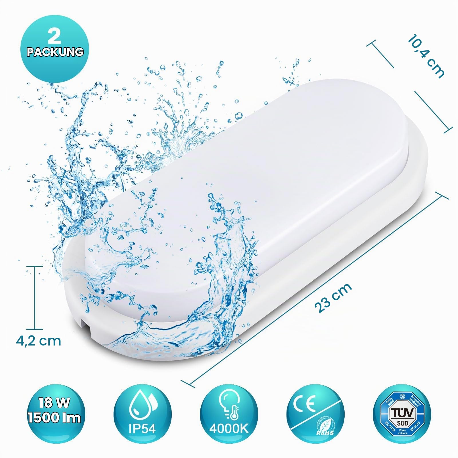 LED Kellerlampe 2 Stück, 18W 1800LM Ovalleuchte Deckenleuchte Wandlampe, IP54 Wasserdicht Feuchtraumleuchte, Neutralweiß 4000K Deckenlampe für Badzimmer Garten Garage Flur Keller Werkstatt