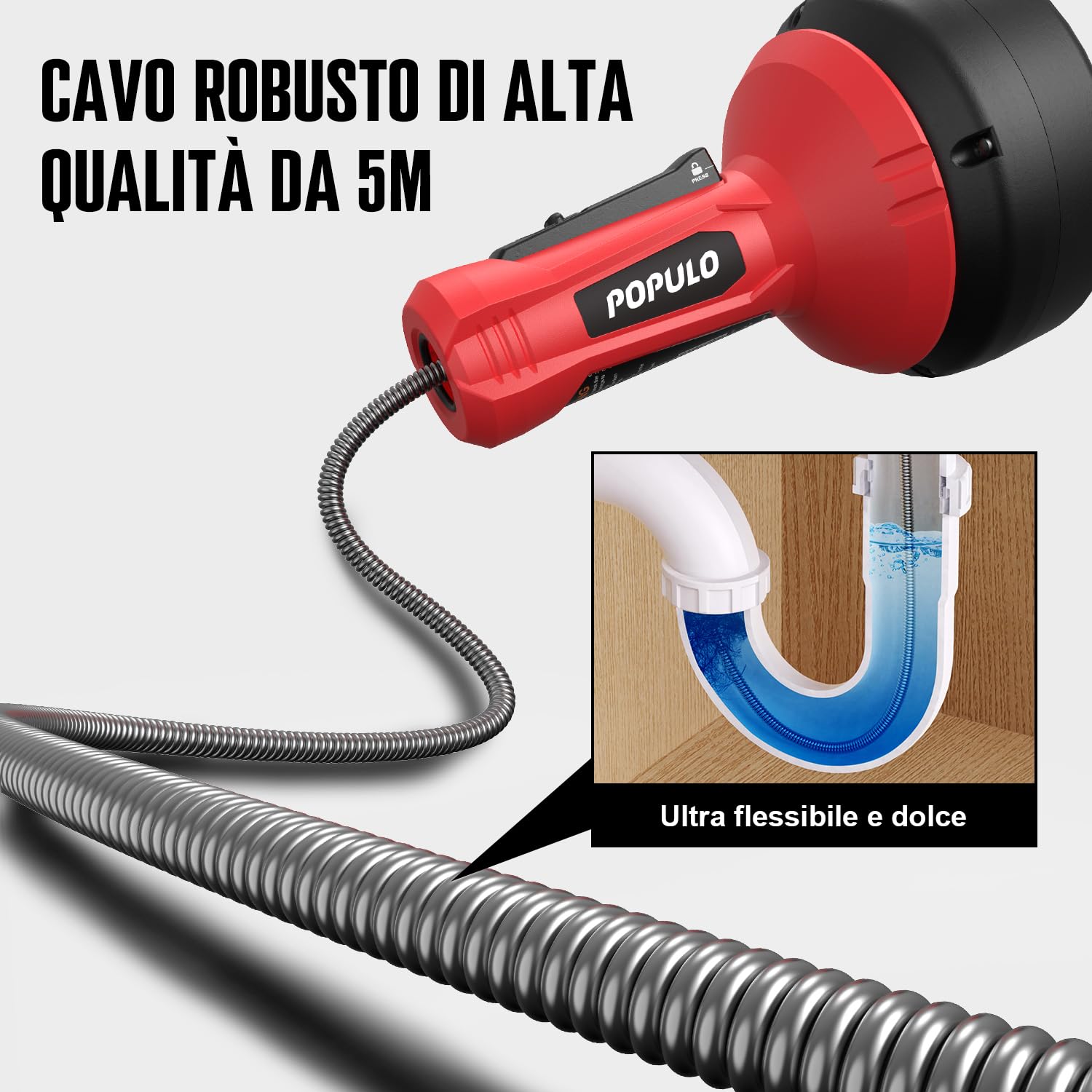 POPULO 5m Trivella di scarico, Alimentazione automatica Spirale per la pulizia dei tubi Sonda Sturatubi, Utensili per la rimozione di zoccoli di scarico a serpente per impianti idraulici