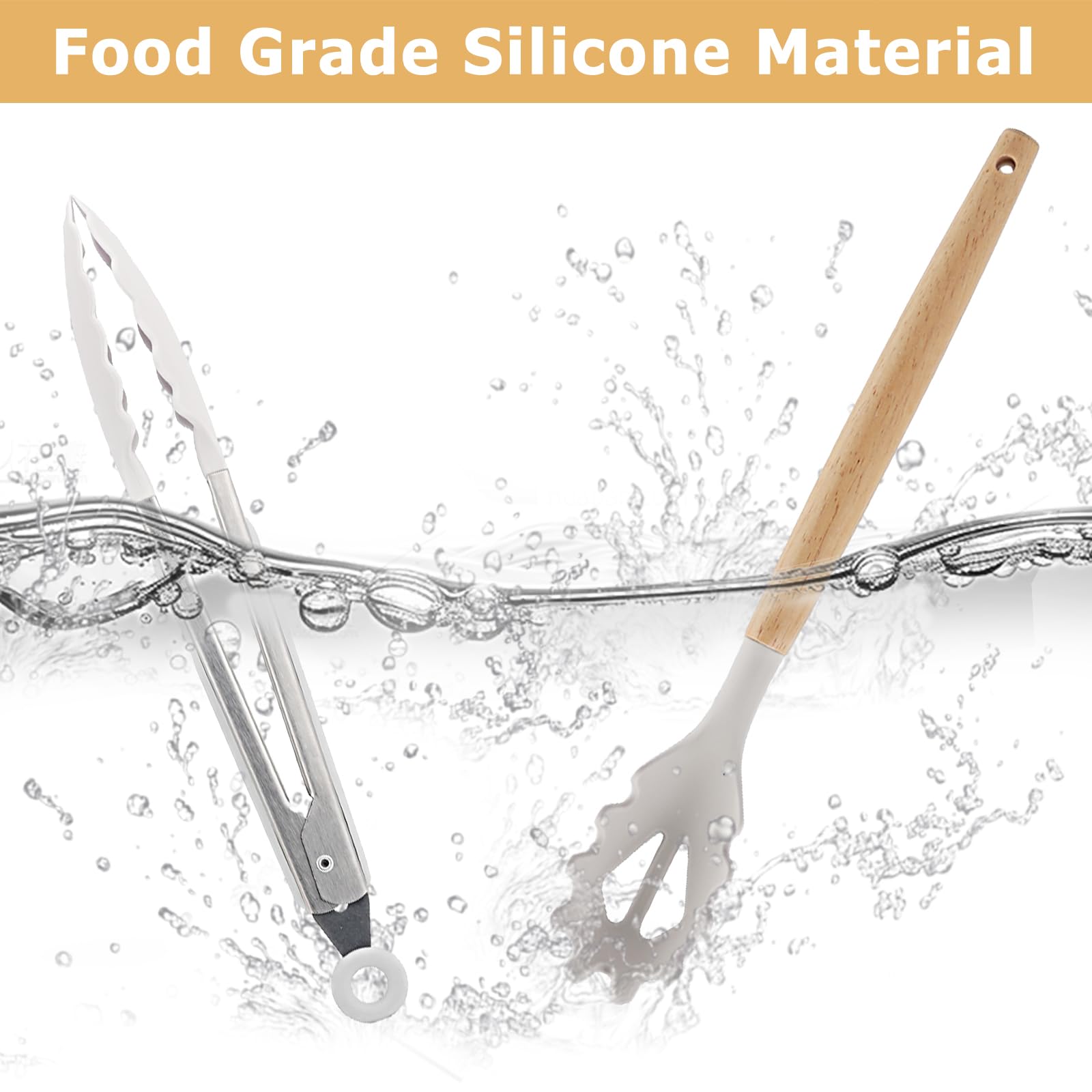 Utensili Cucina Silicone Set - 22 Pezzi Set Mestoli Cucina Manico in Legno - Strumenti da Cucina Resistenti al Calore - Con 10 S Ganci (Kaki)