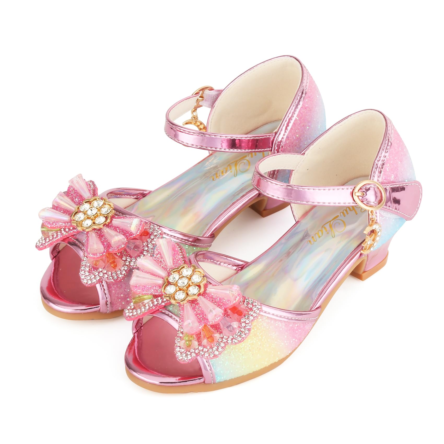 ChuLian Little Kids Girls Dress Pumps Glitter Sequins Princess Low Heels Princess Dress Shoes Party Dance Shoes Open Toe Rainbow 31