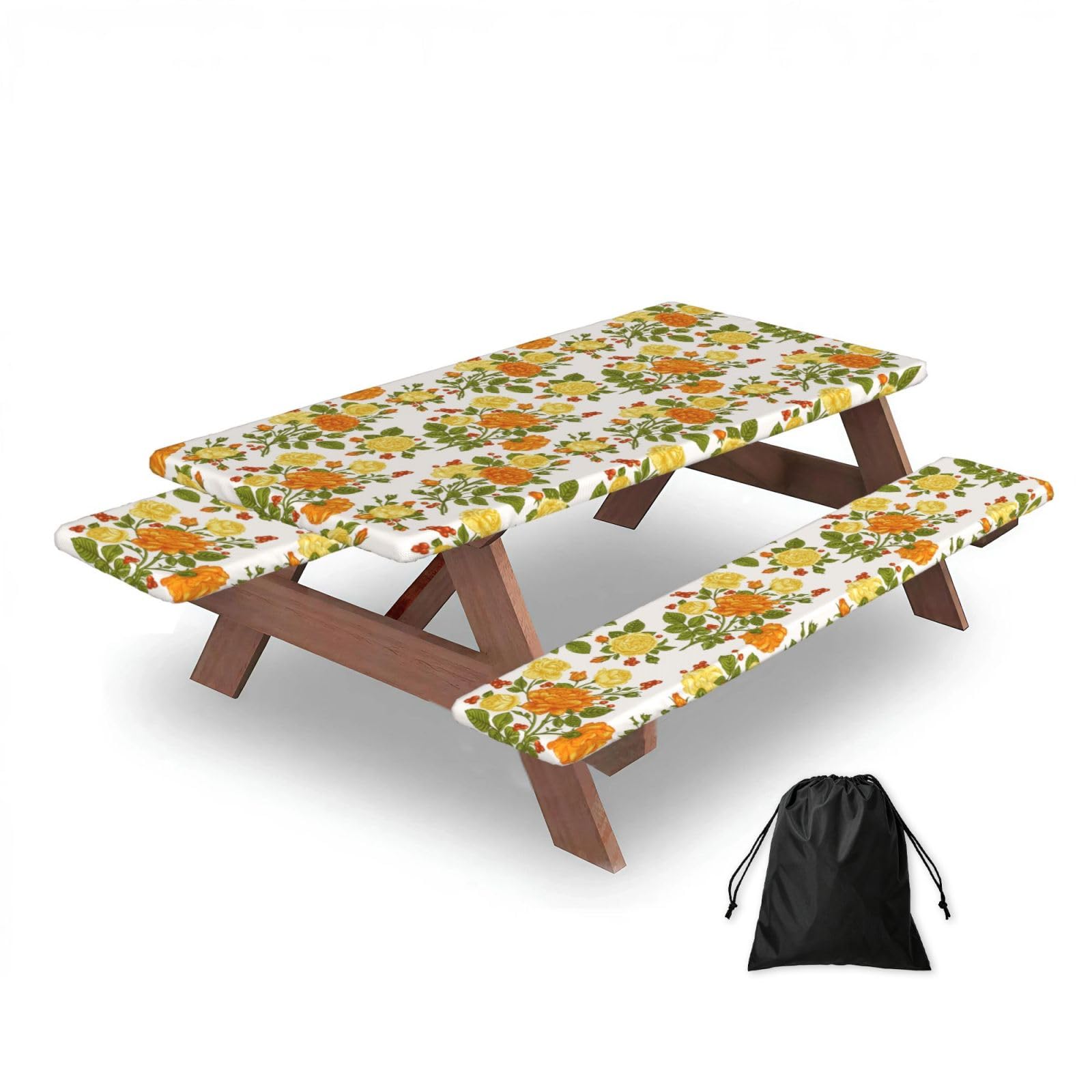 Dopklna As Picture Yellow Flower Peony, Picnic Table Cover With Bench Covers -Waterproof Elastic Fitted Tablecloth For Garden Camping Patio 76X152cm