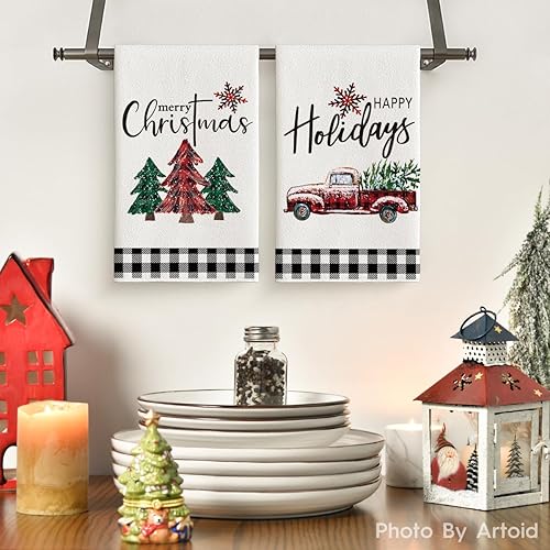 Miniatura 2 de Artoid Mode Toallas de cocina con árboles de Navidad y camión blanco y negro, 18 x 26 pulgadas, paño de secado ultra absorbente para cocinar