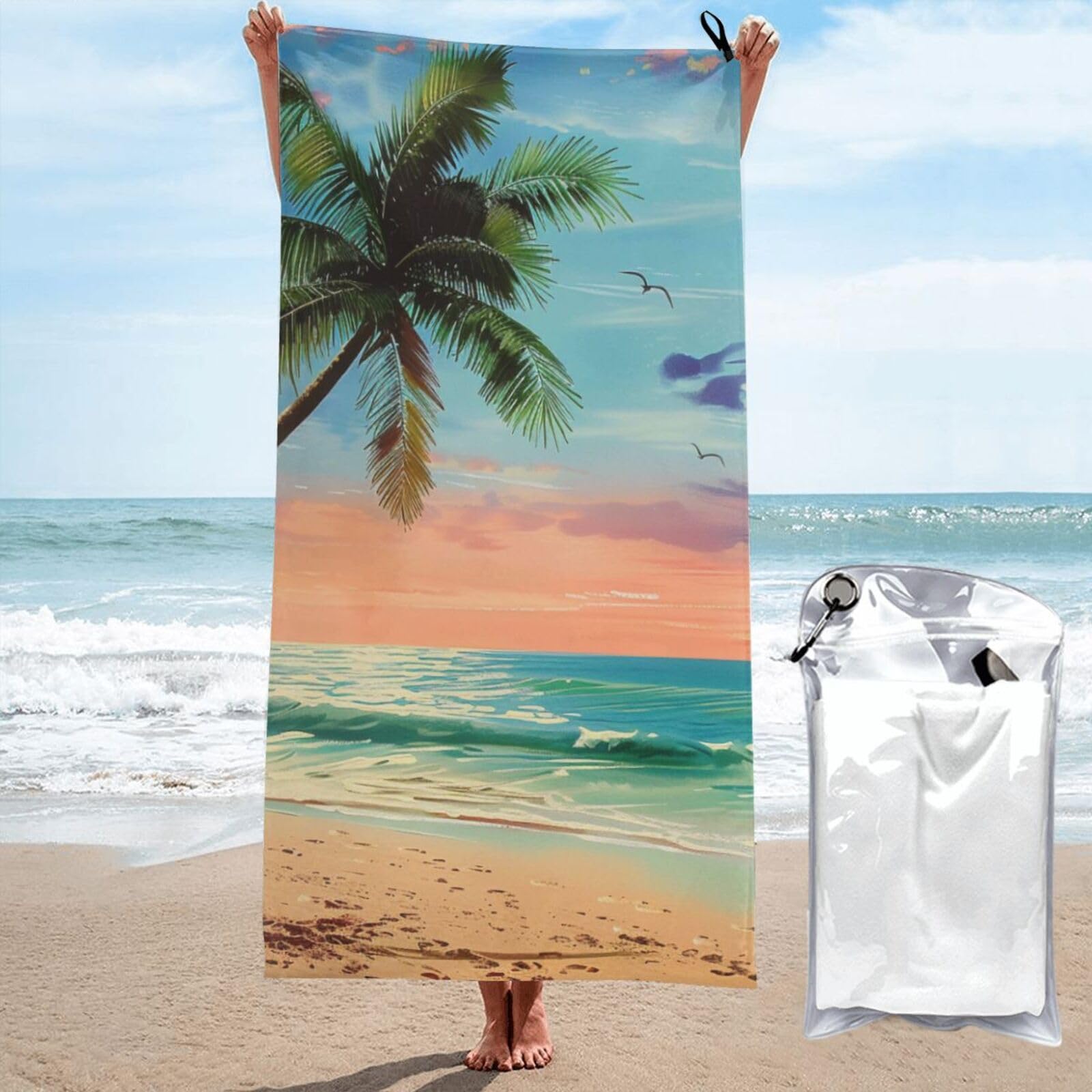 kkvhhyuo Microfiber Beach Towel, Coconut Palm Tree Sandy Beach 1 Printed Lightweight Quick Dry Travel Bath Sheet with Compact Carry Bag for Swimming Yoga Camping Gym,27.5"x55"