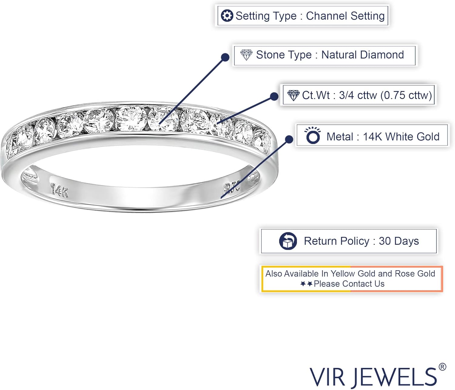 VIR JEWELS 3/4 carat (ctw) Diamond Wedding Anniversary Band for Women, Half Eternity Round Diamond Engagement Ring 14K White Gold Channel Set 0.75 cttw, Size 4.5-10