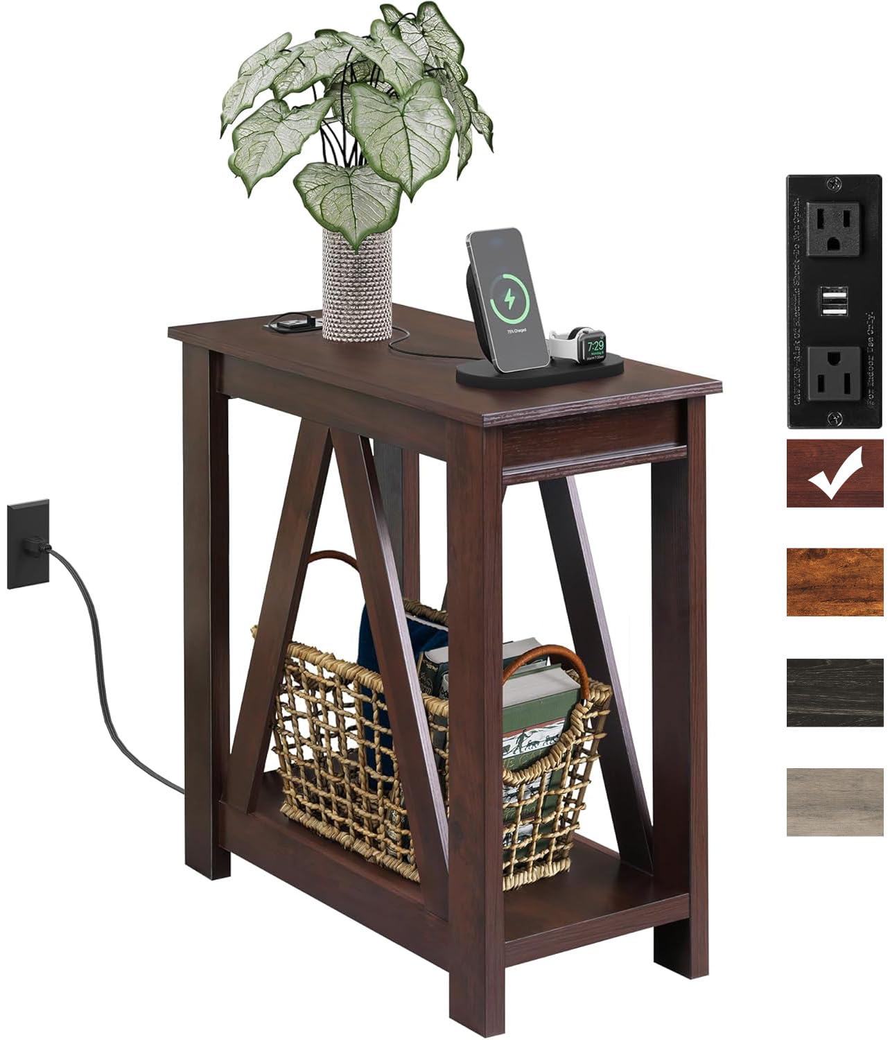 Photo 1 of [Top Table Part is broken] WLIVE Narrow End Table with Charging Station of Open Storage Shelf?Sofa Side Table with 2 USB Ports and 2 Power Outlets?Slim Farmhouse End Table for Small Spaces, 11.8" D x 23.6" W x 23.74" H